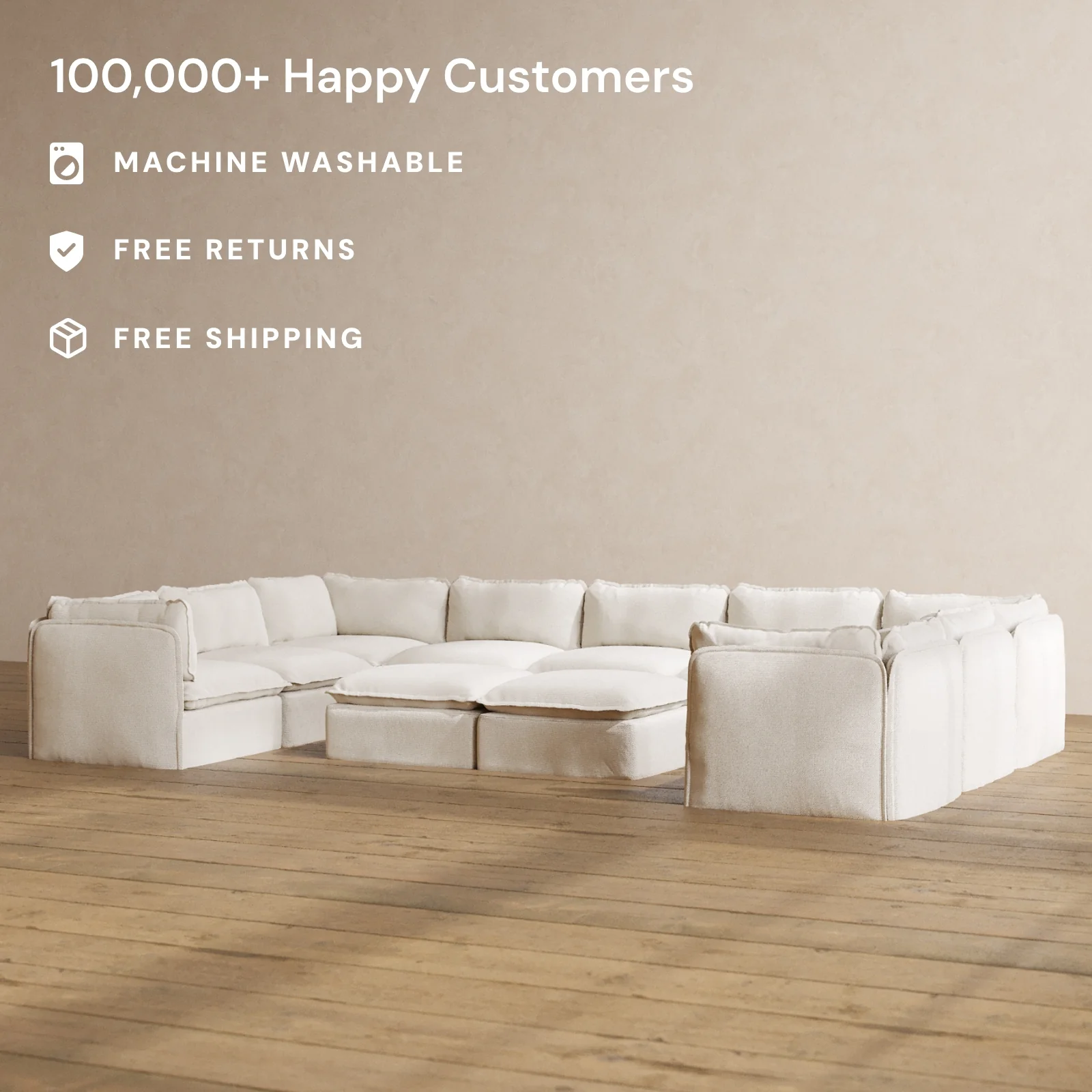 Modular Washable 9-Seater U-Sectional + Bench Ottoman in Powder | Deluxe+ Seat | Cloud Pillow - Image 2