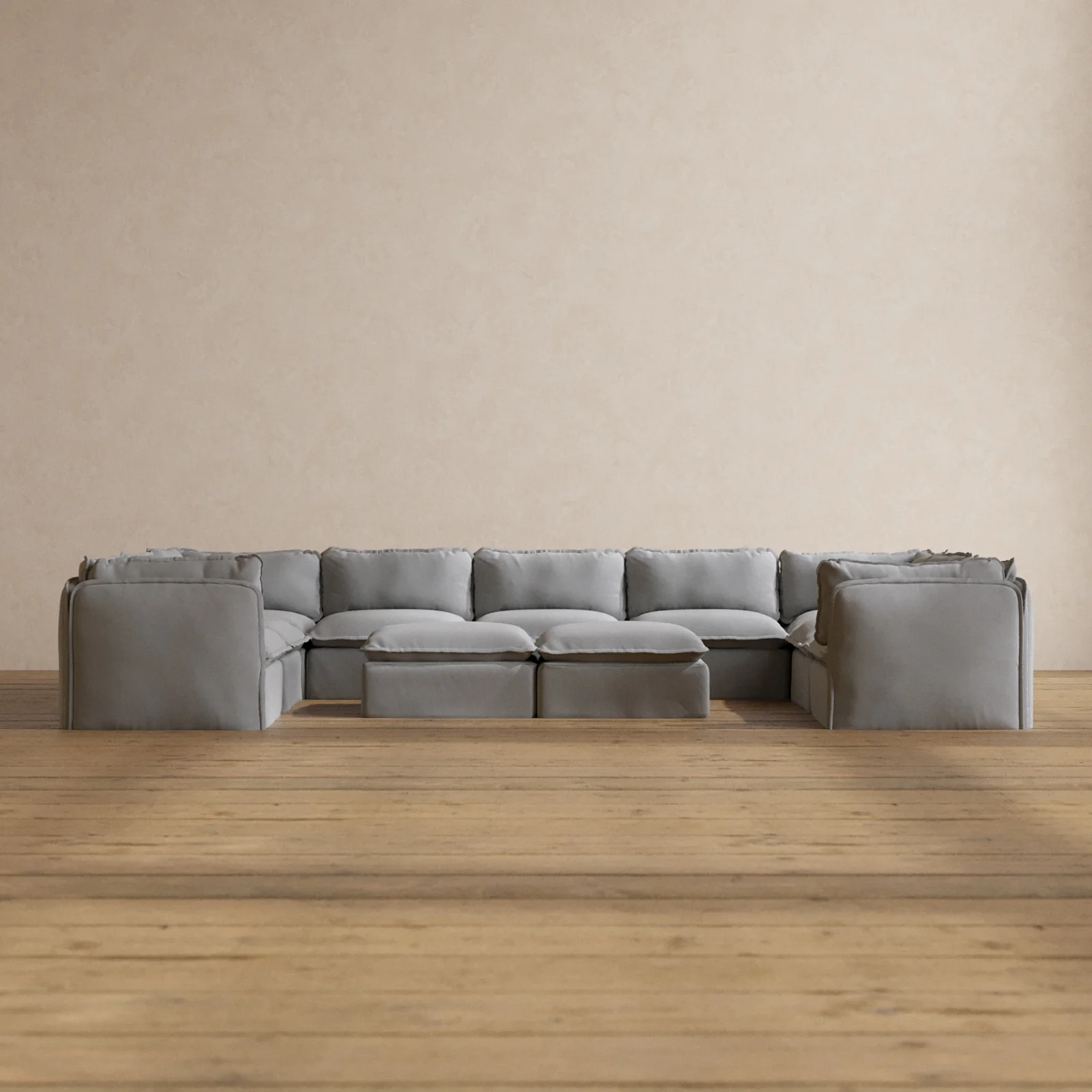 Modular Washable 9-Seater U-Sectional + Bench Ottoman in Pumice | Deluxe+ Seat | Cloud Pillow