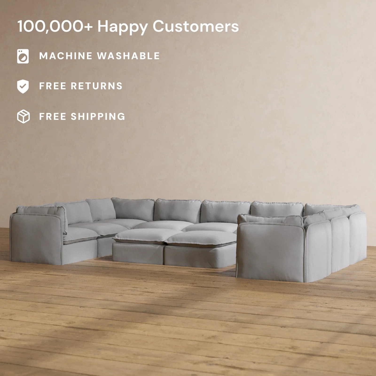 Modular Washable 9-Seater U-Sectional + Bench Ottoman in Pumice | Memorix+ Seat | Contour Pillow - Image 2