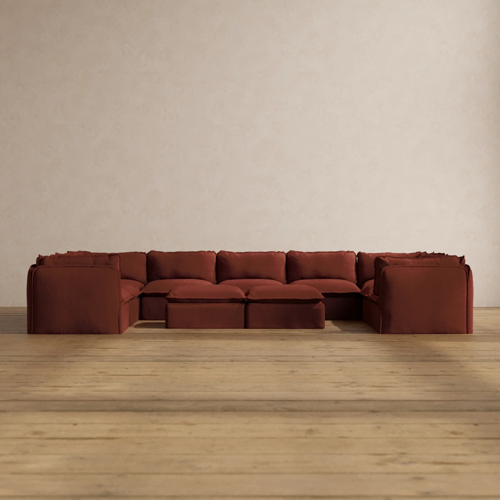 Modular Washable 9-Seater U-Sectional + Bench Ottoman in Rust | Memorix+ Seat | Contour Pillow