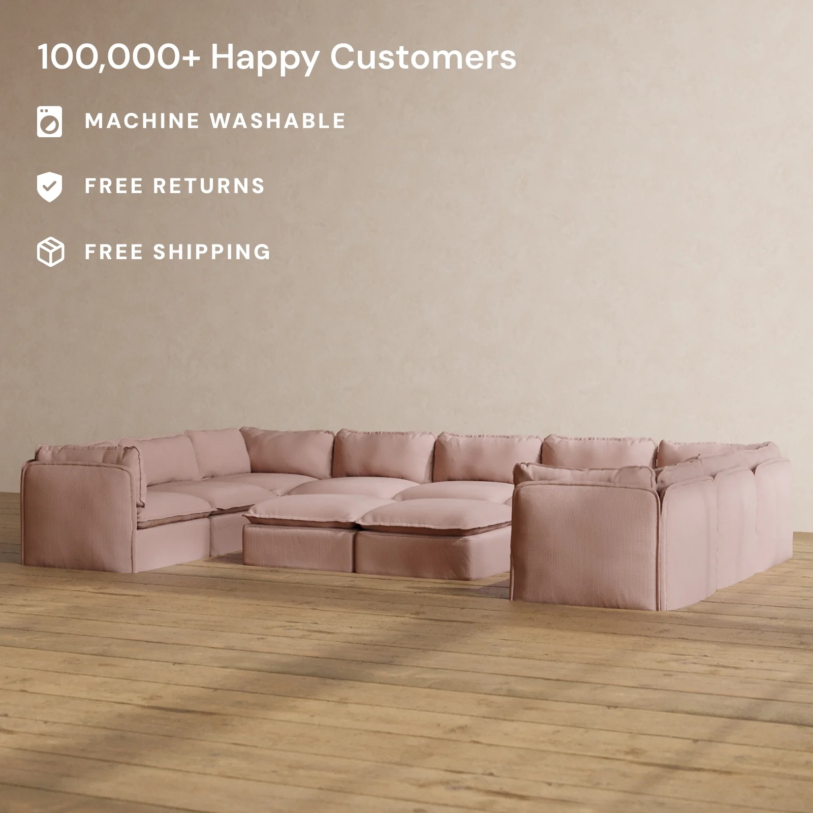 Modular Washable 9-Seater U-Sectional + Bench Ottoman in Sakura | Memorix+ Seat | Contour Pillow - Image 2