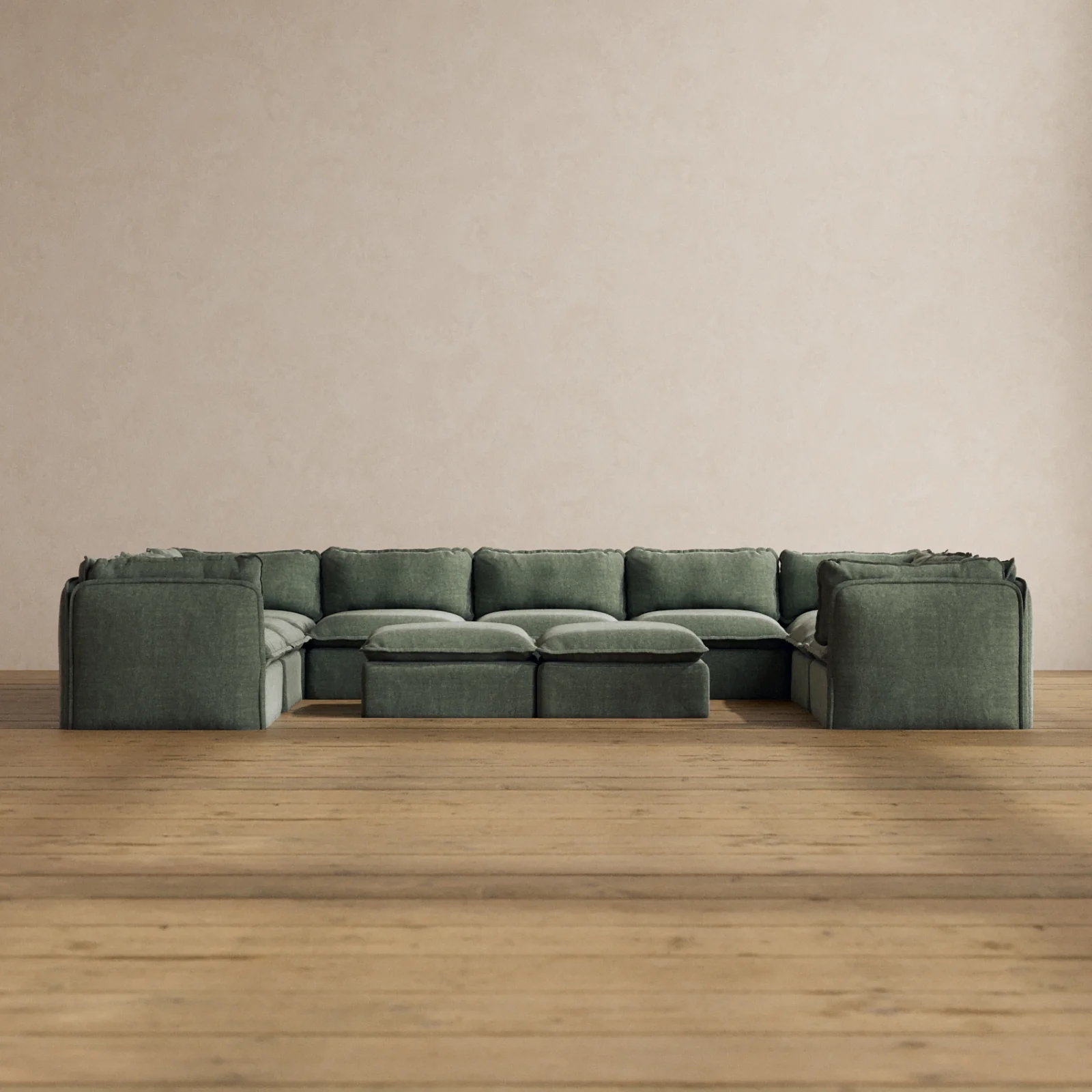 Modular Washable 9-Seater U-Sectional + Bench Ottoman in Willow | Deluxe+ Seat | Cloud Pillow