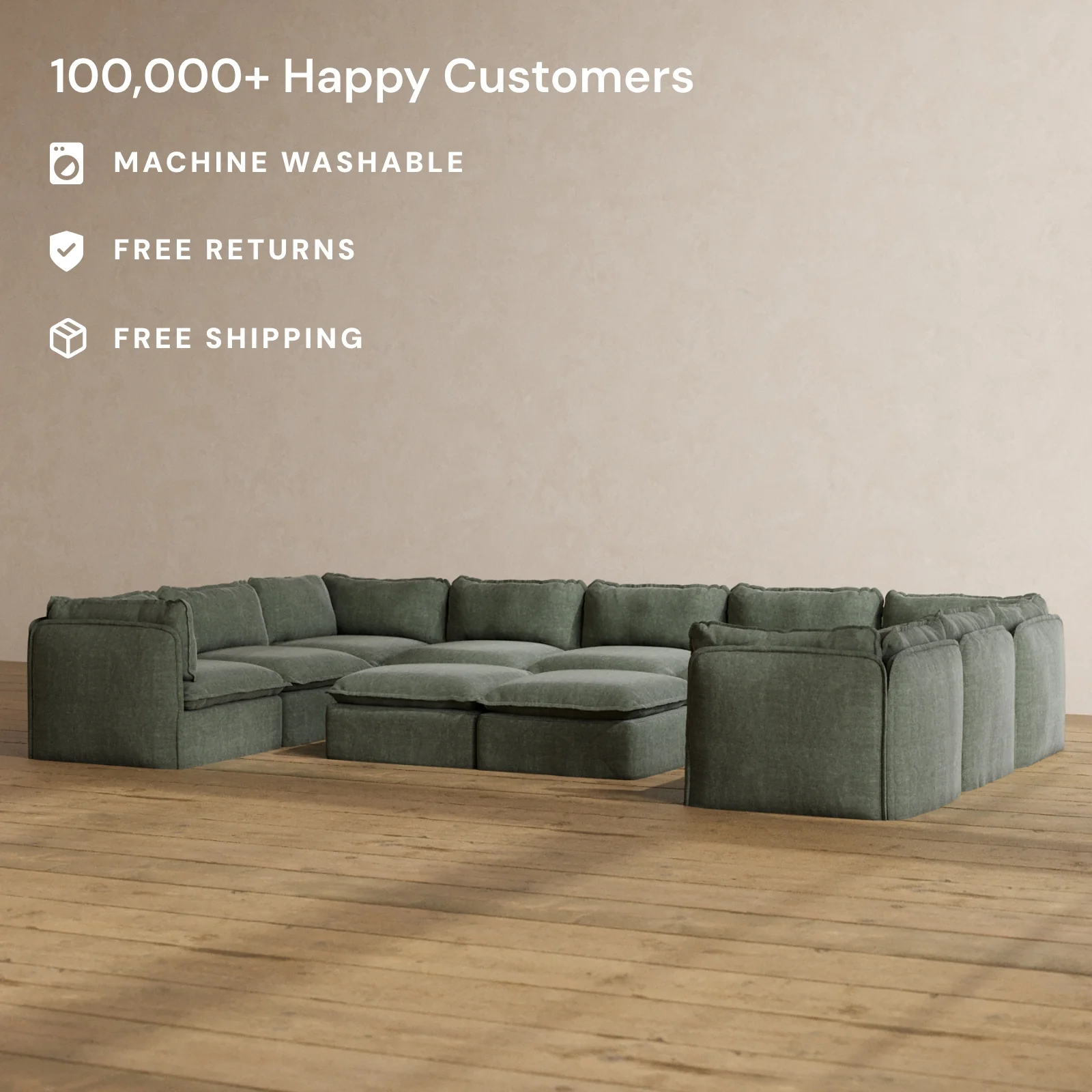Modular Washable 9-Seater U-Sectional + Bench Ottoman in Willow | Deluxe+ Seat | Cloud Pillow - Image 2