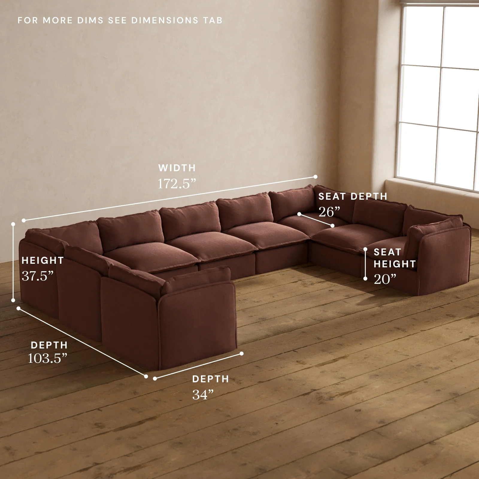 Modular Washable 9-Seater U-Sectional in Chestnut | Deluxe+ Seat | Cloud Pillow - Image 5