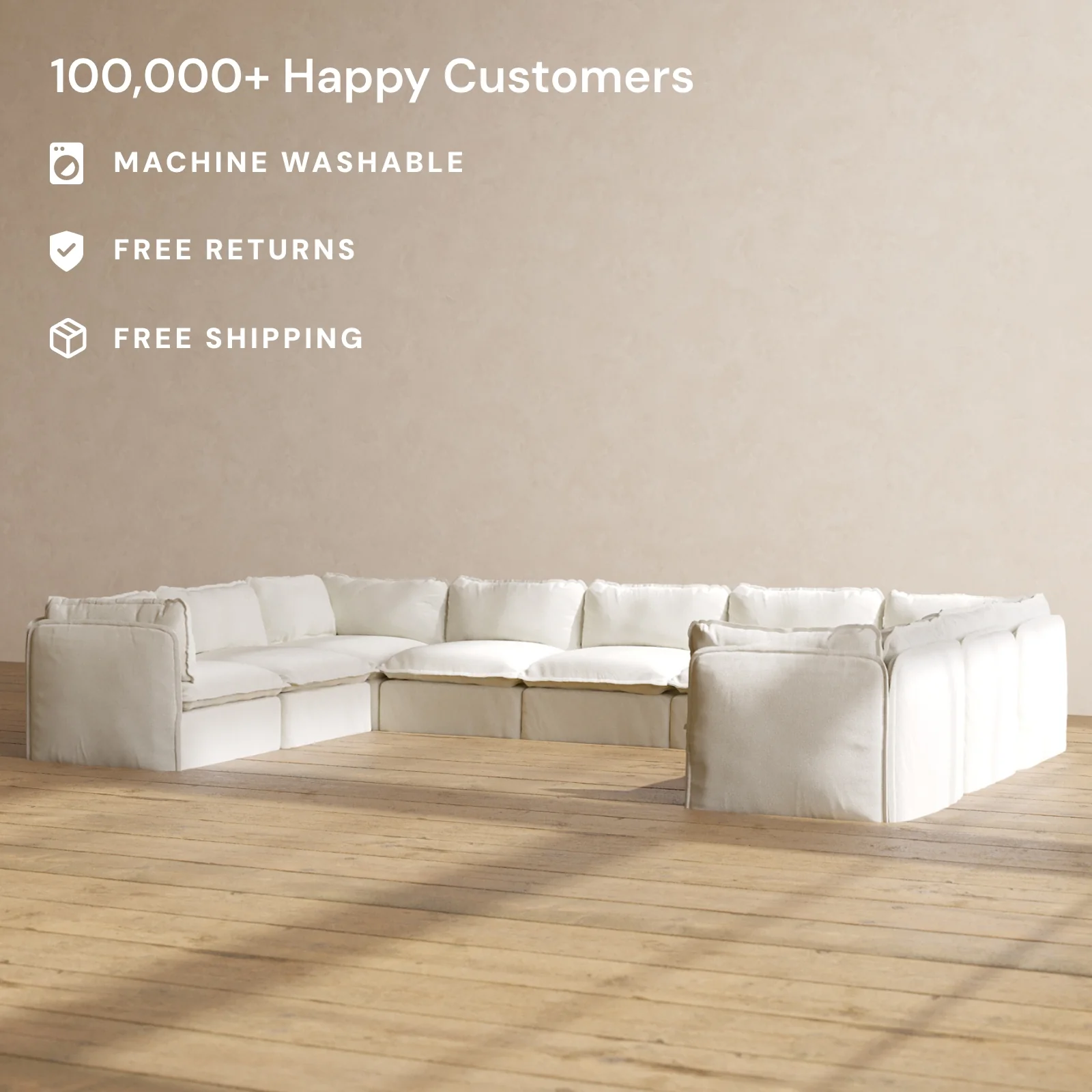 Modular Washable 9-Seater U-Sectional in Eggshell | Deluxe+ Seat | Cloud Pillow - Image 2