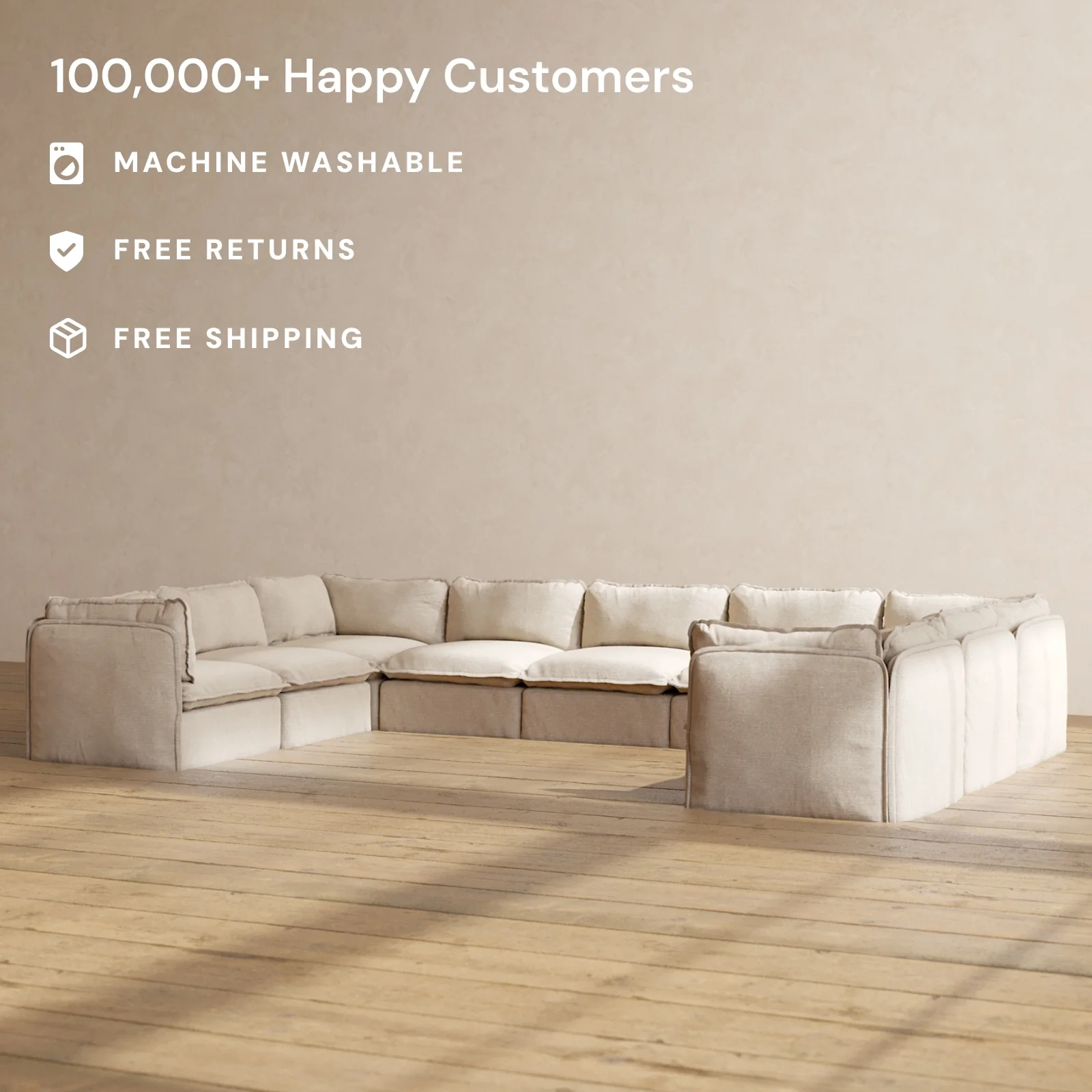 Modular Washable 9-Seater U-Sectional in Oat | Deluxe+ Seat | Cloud Pillow - Image 2