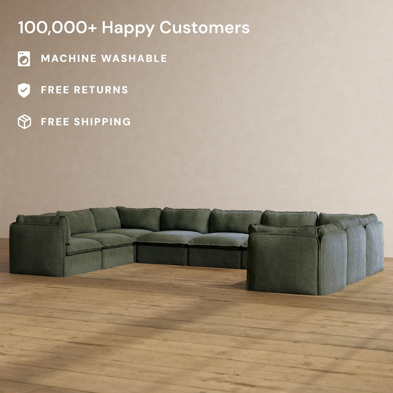 Modular Washable 9-Seater U-Sectional in Olivine | Memorix+ Seat | Contour Pillow - Image 2