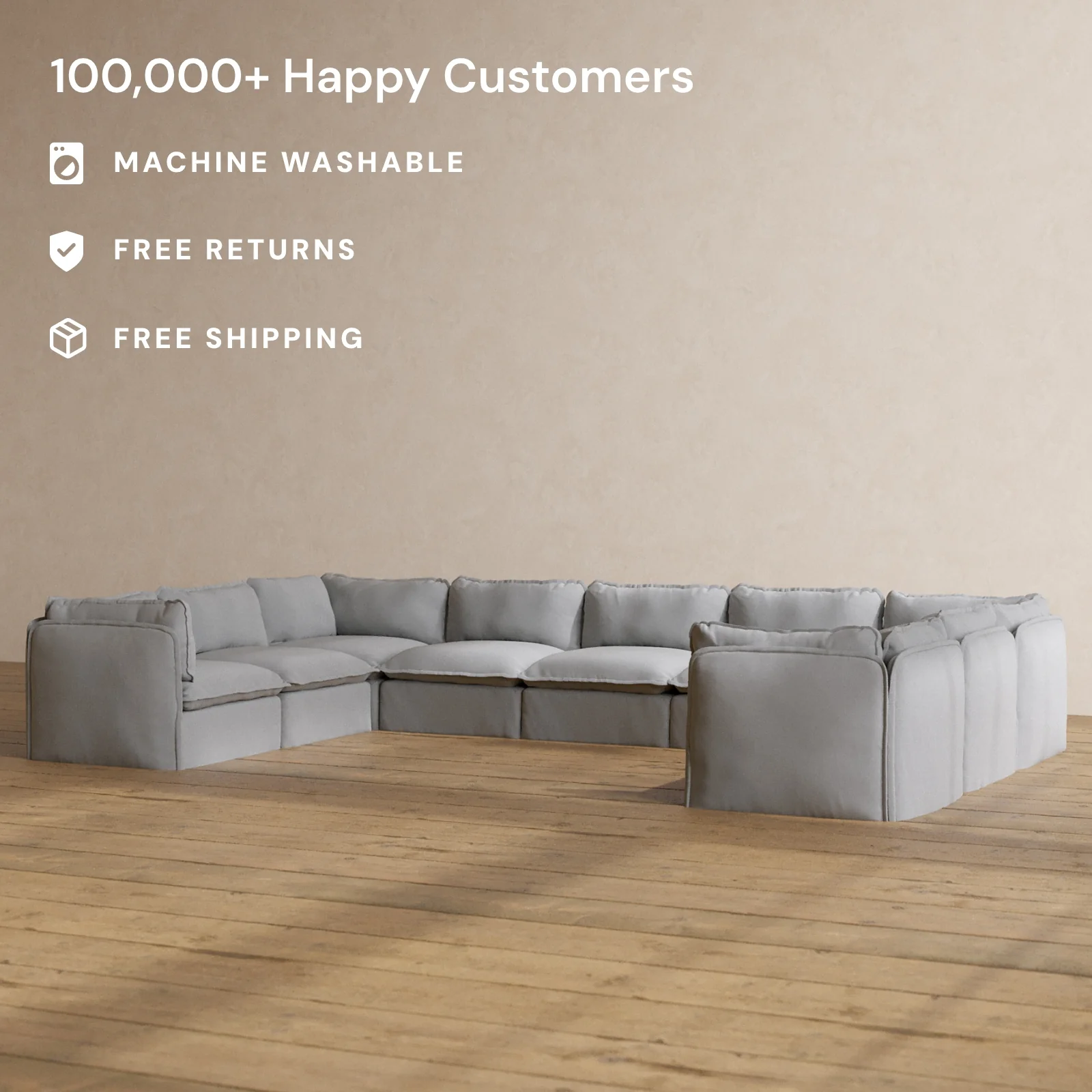 Modular Washable 9-Seater U-Sectional in Pumice | Memorix+ Seat | Contour Pillow - Image 2
