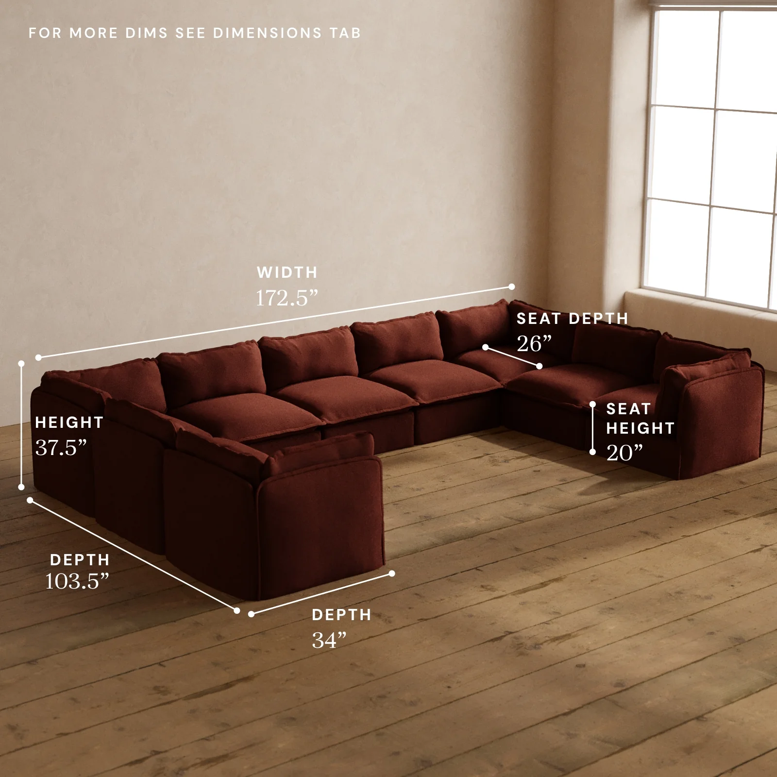 Modular Washable 9-Seater U-Sectional in Rust | Deluxe+ Seat | Cloud Pillow - Image 5