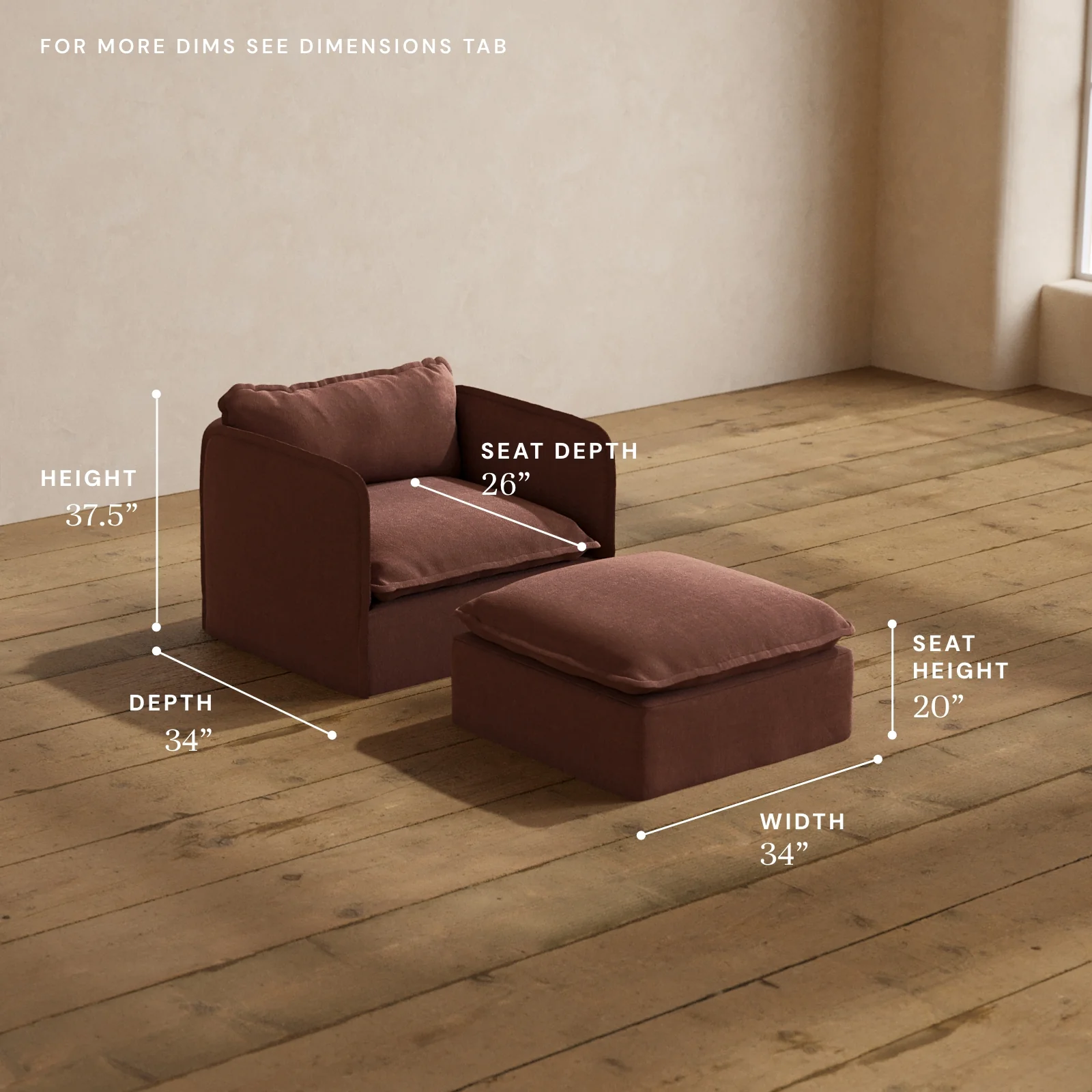 Modular Washable Armchair + Ottoman in Chestnut | Memorix+ Seat | Contour Pillow - Image 5