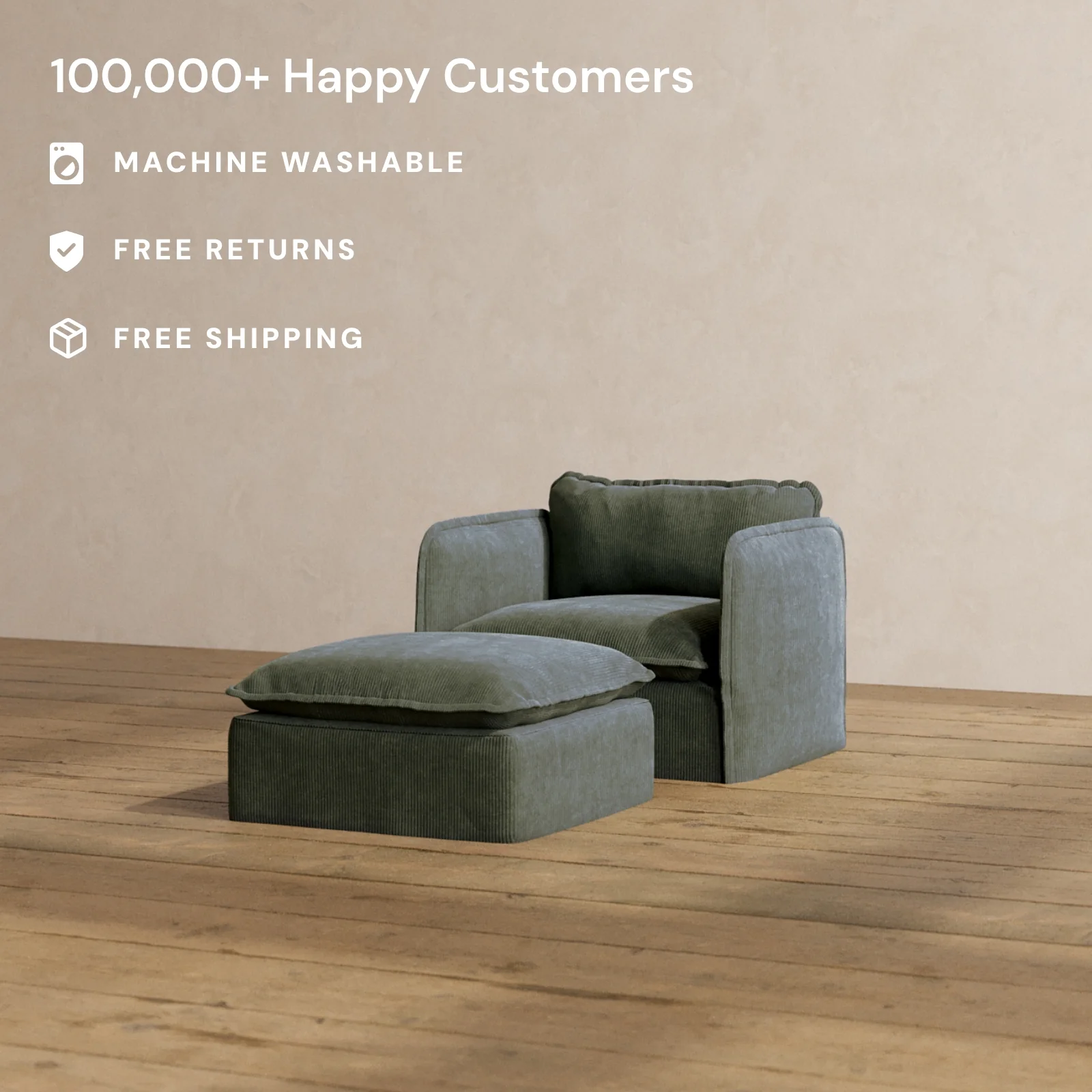 Modular Washable Armchair + Ottoman in Olivine | Deluxe+ Seat | Cloud Pillow - Image 2