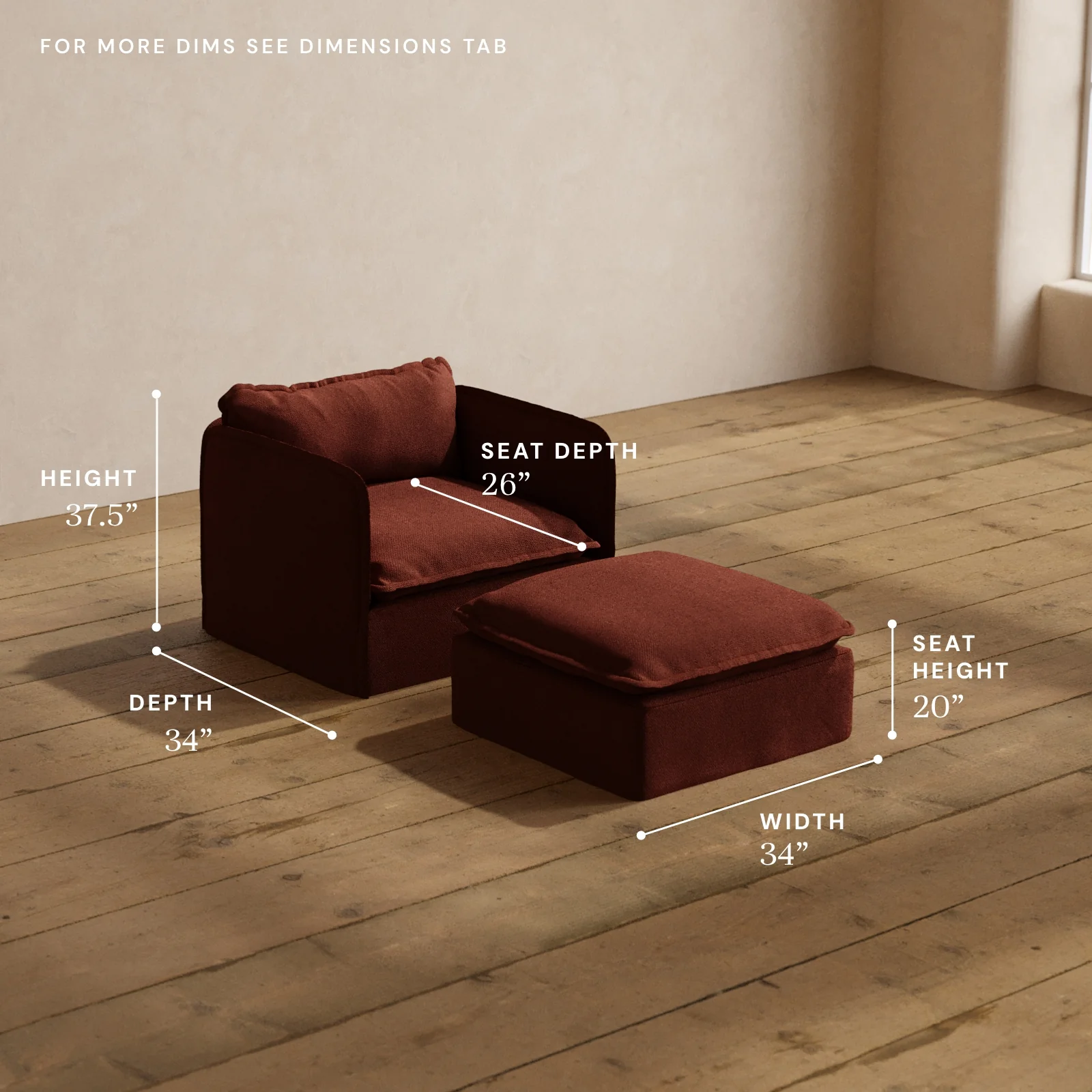 Modular Washable Armchair + Ottoman in Rust | Deluxe+ Seat | Cloud Pillow - Image 5
