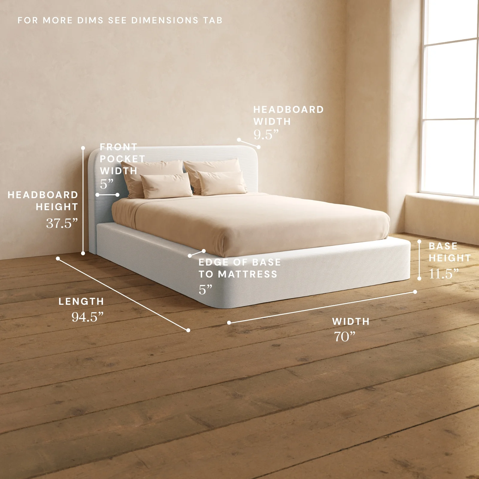 Queen Upholstered Platform Bed + Headboard | Luxe Corduroy in Milk - Image 5