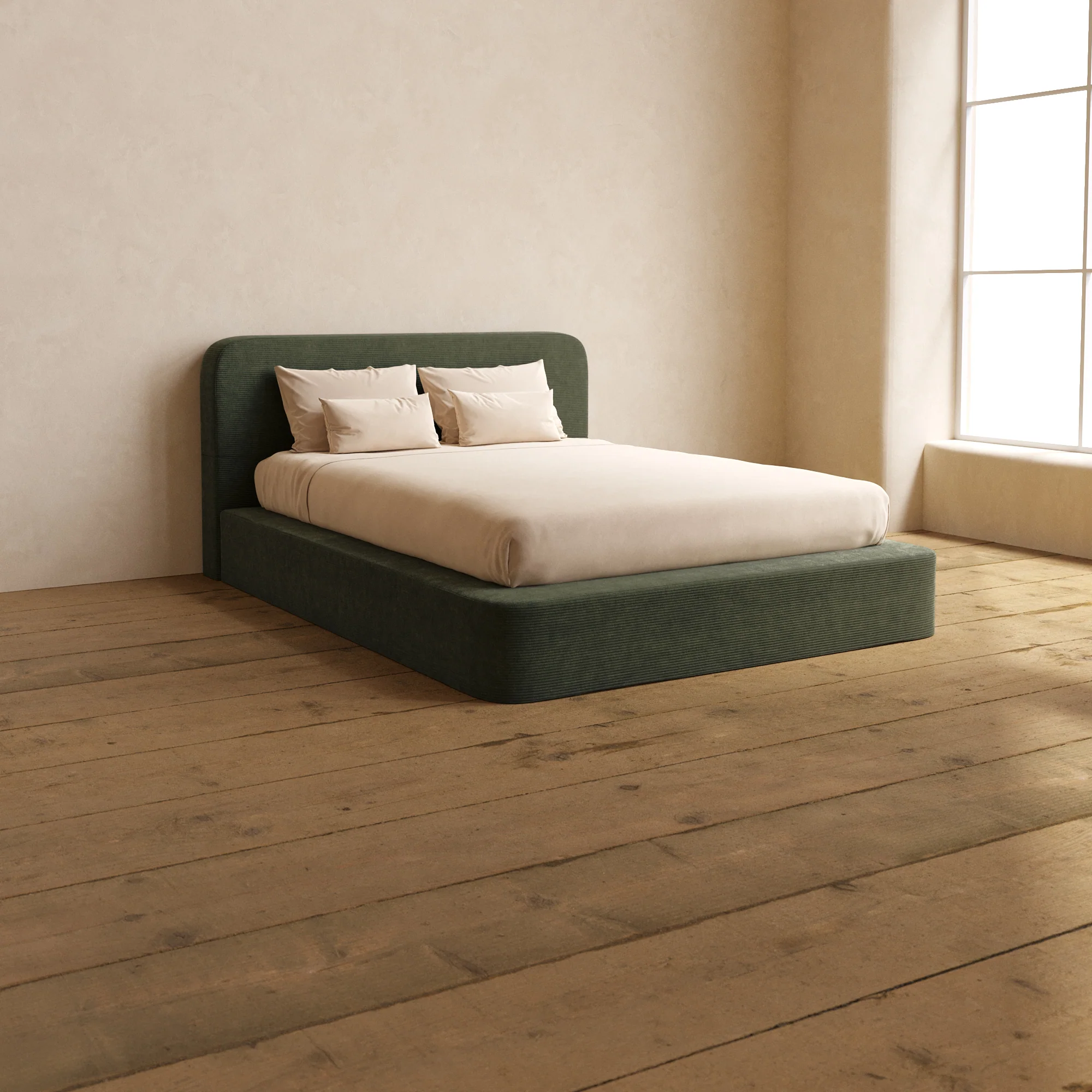 Queen Upholstered Platform Bed + Headboard | Luxe Corduroy in Olivine
