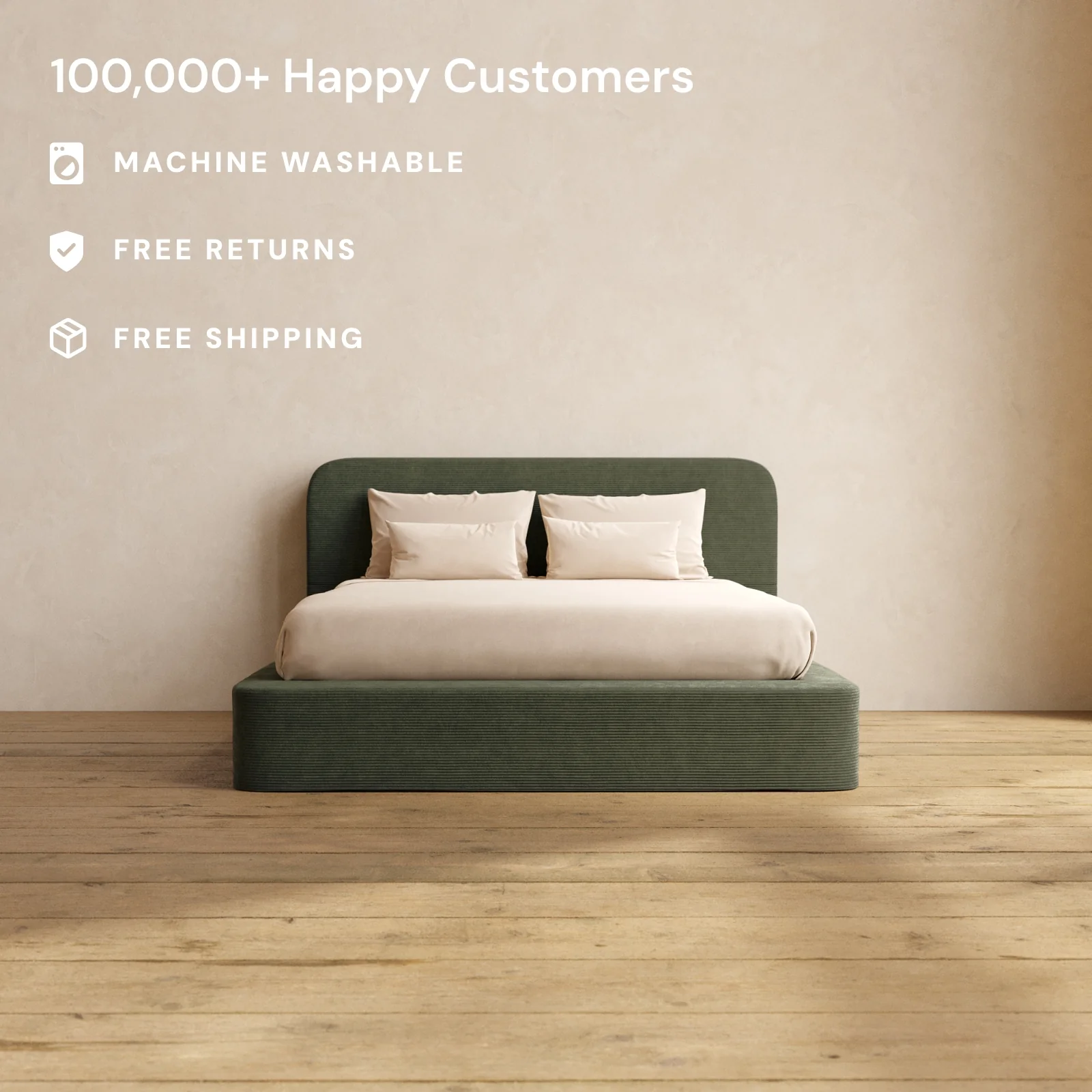 Queen Upholstered Platform Bed + Headboard | Luxe Corduroy in Olivine - Image 2