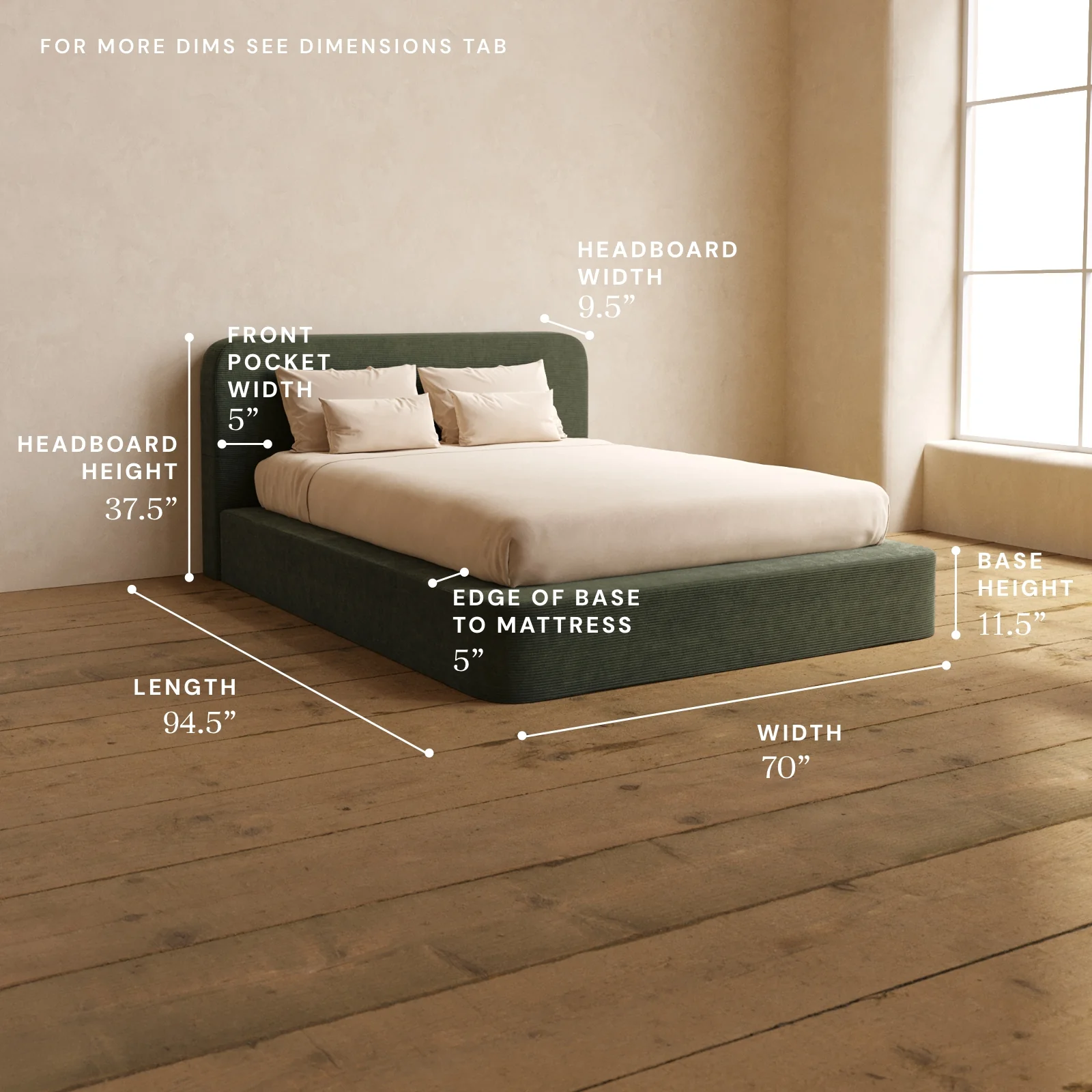 Queen Upholstered Platform Bed + Headboard | Luxe Corduroy in Olivine - Image 5