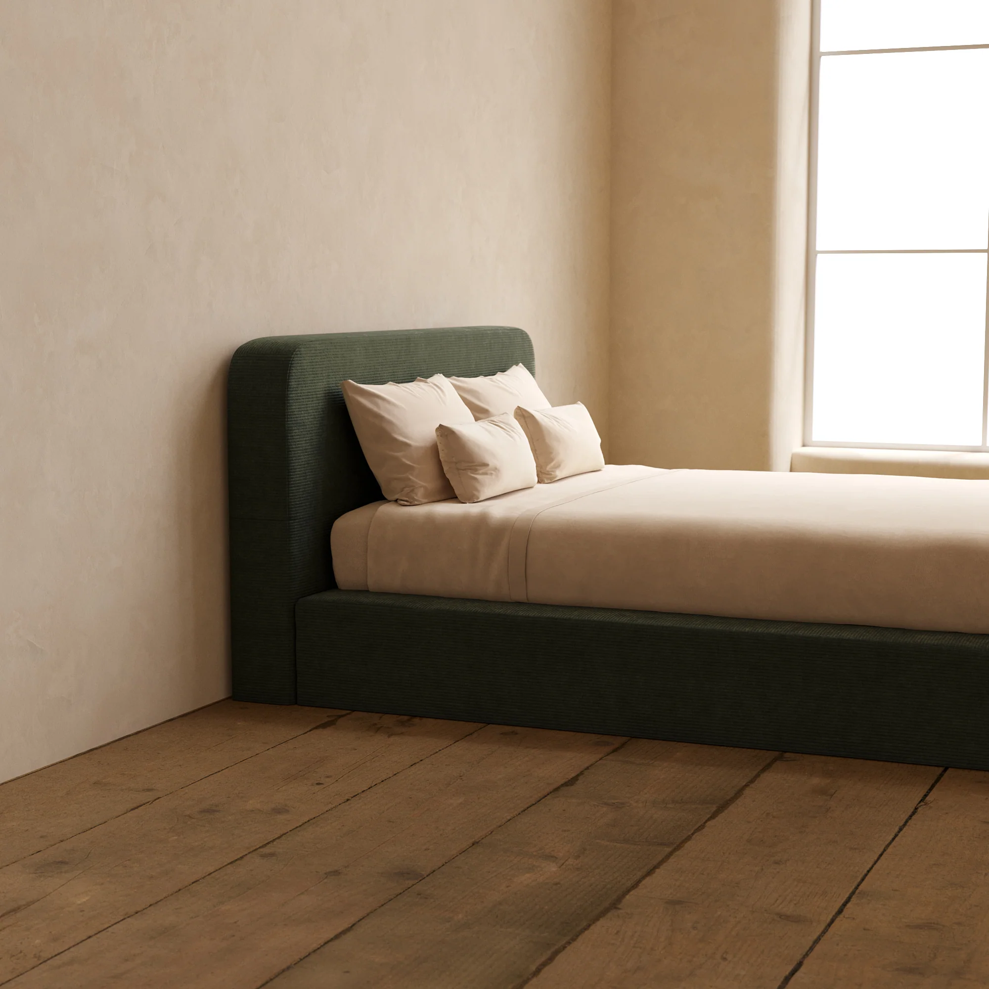 Queen Upholstered Platform Bed + Headboard | Luxe Corduroy in Olivine - Image 7