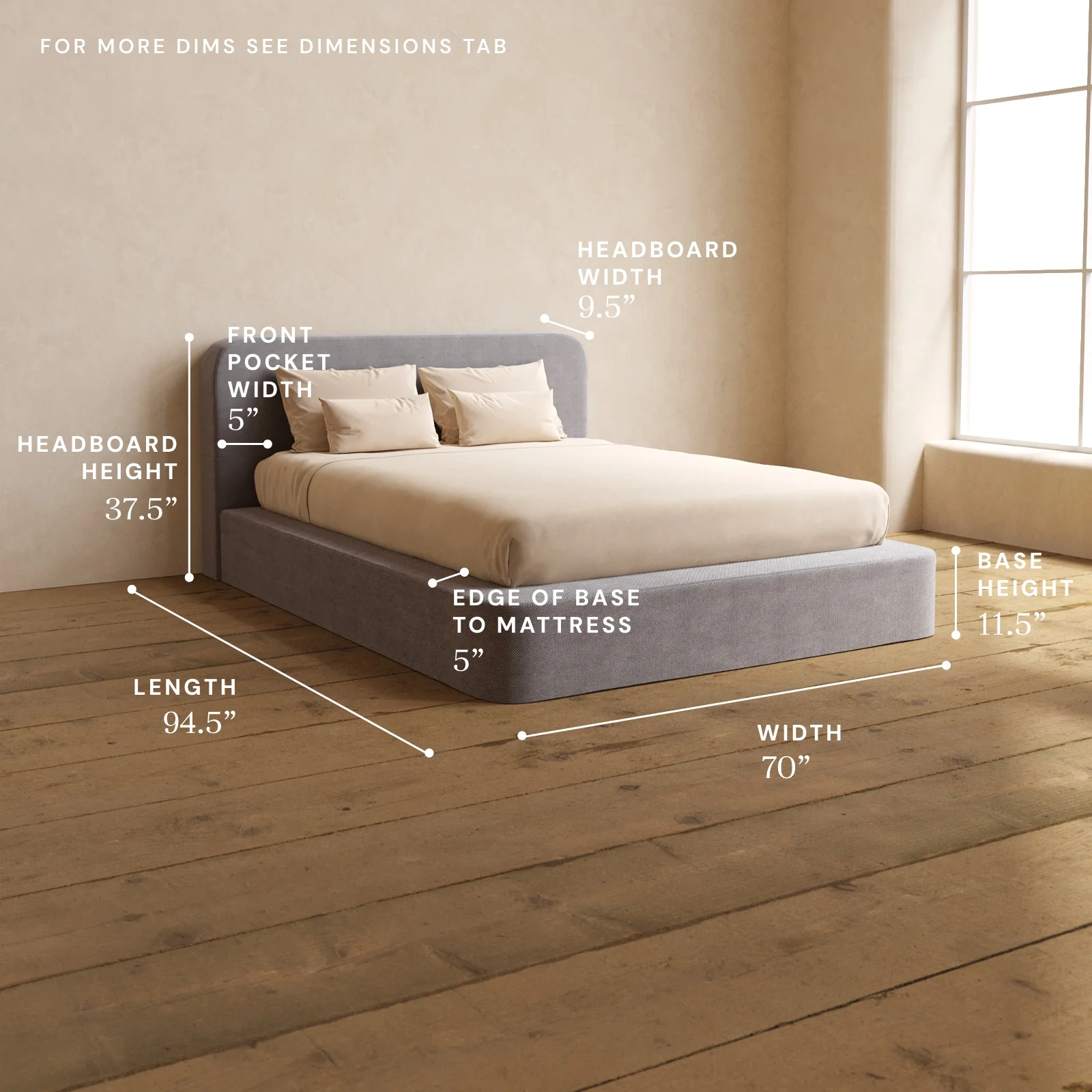Queen Upholstered Platform Bed + Headboard | Plush Weave in Ash - Image 5
