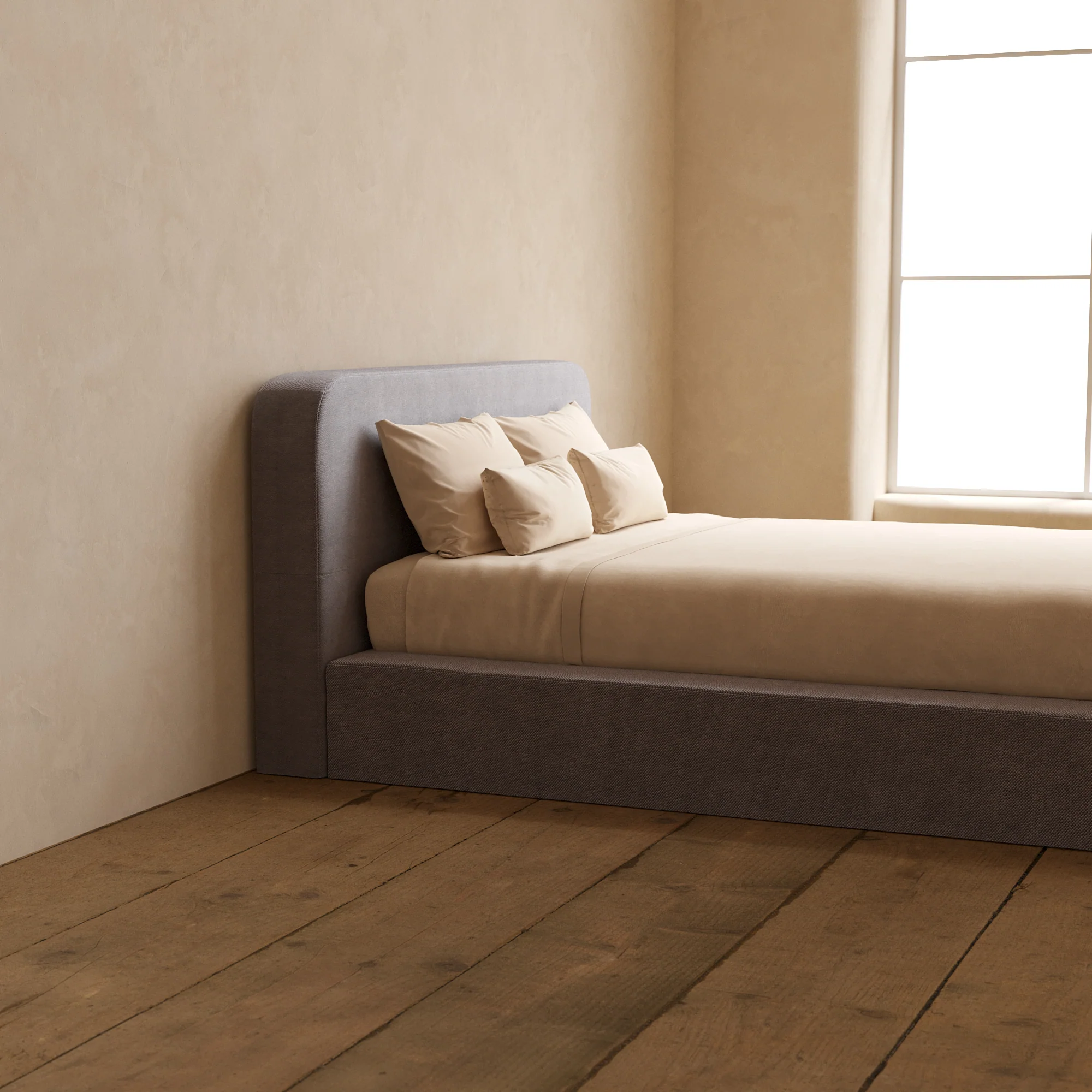 Queen Upholstered Platform Bed + Headboard | Plush Weave in Ash - Image 7