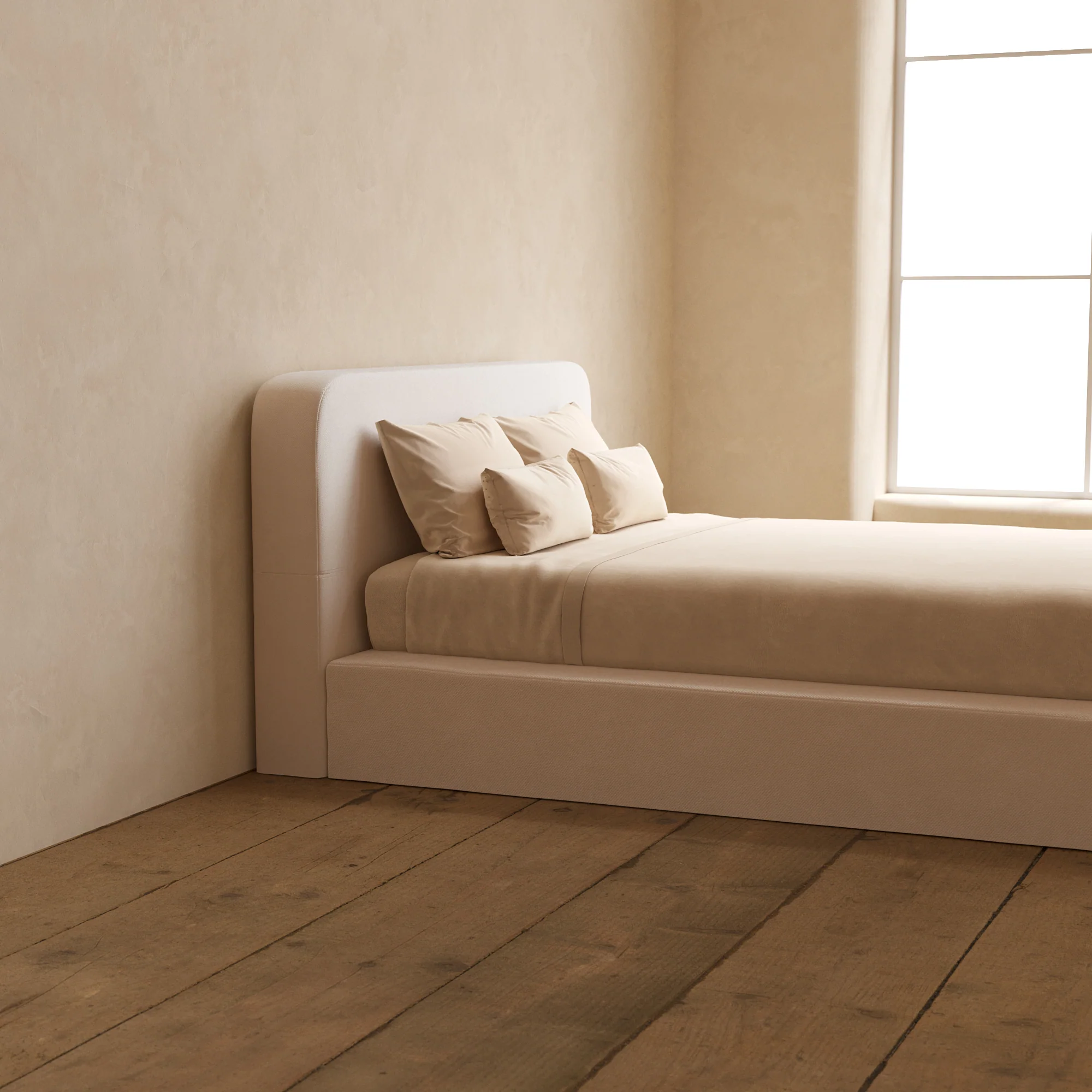 Queen Upholstered Platform Bed + Headboard | Plush Weave in Eggshell - Image 7