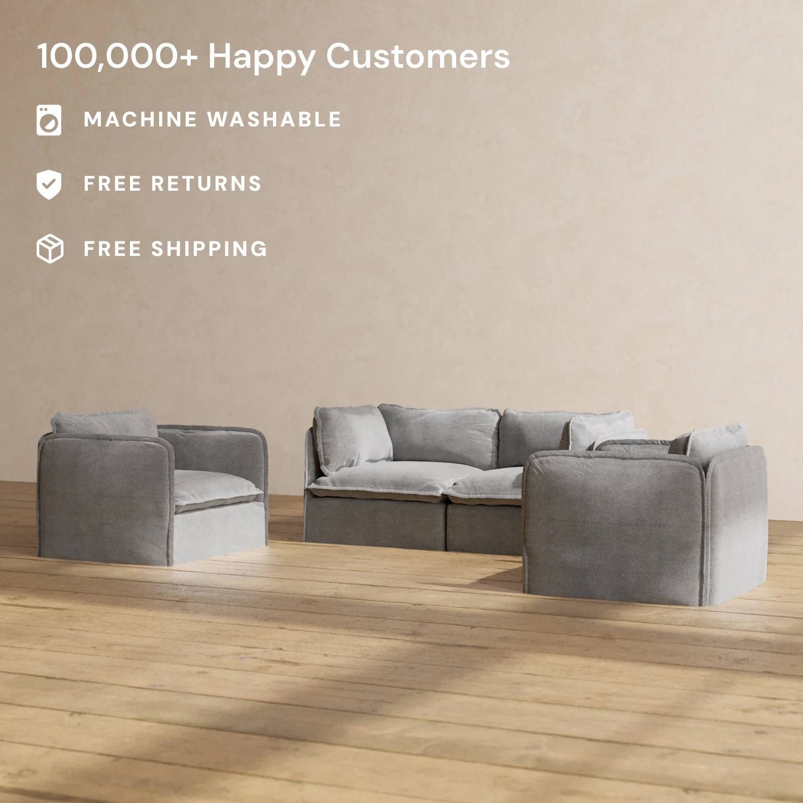 Slipcover Only - Modular Washable 2-Seater Sofa + Armchair Set in Ash - Image 2