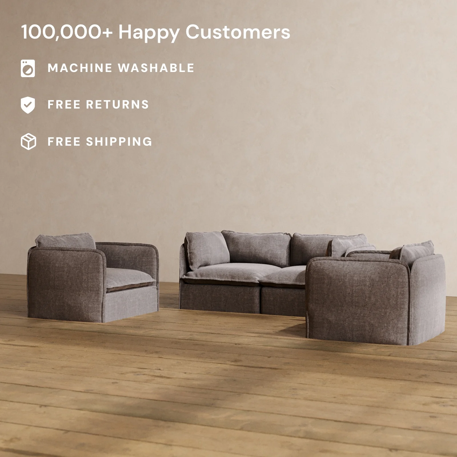 Slipcover Only - Modular Washable 2-Seater Sofa + Armchair Set in Caviar - Image 2