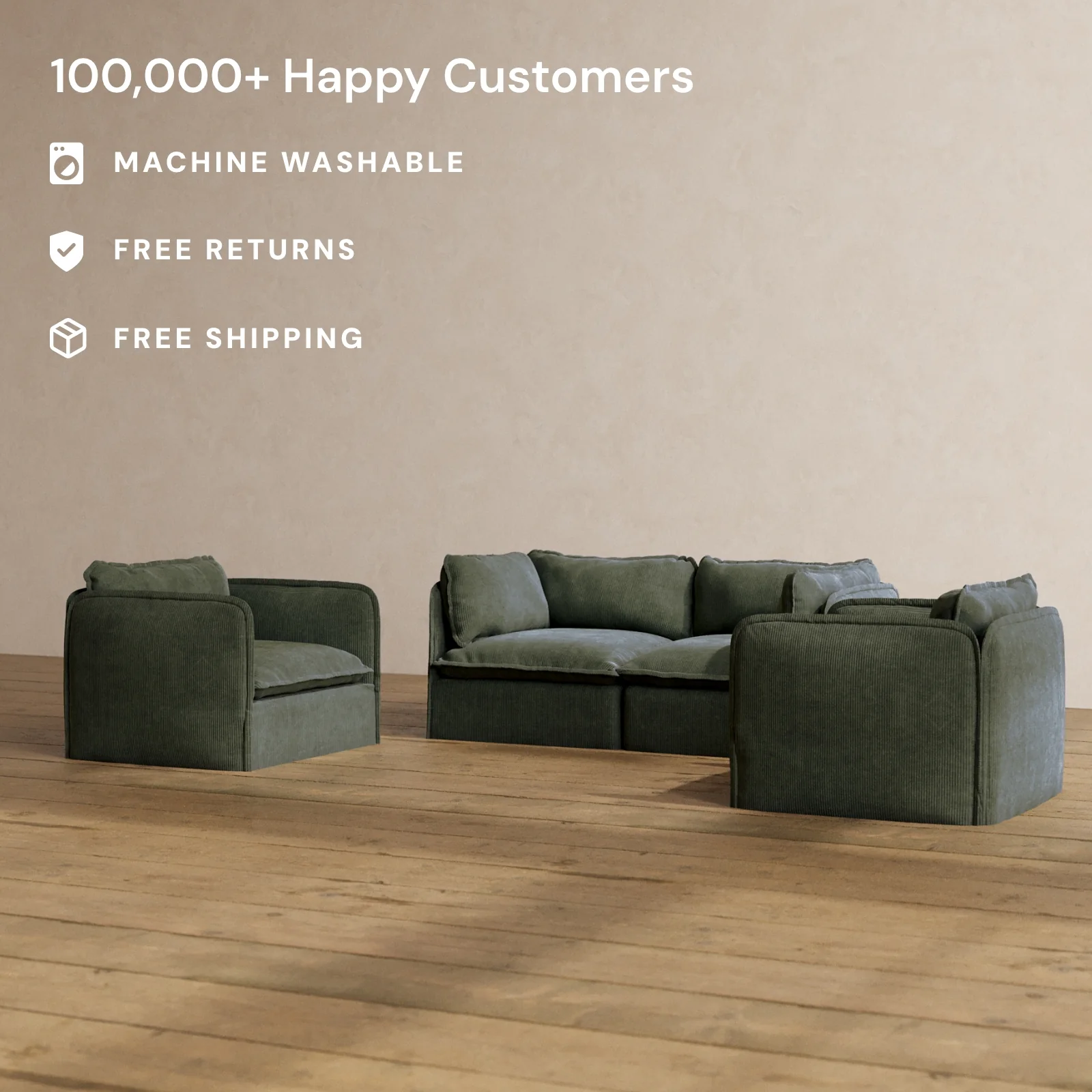Slipcover Only - Modular Washable 2-Seater Sofa + Armchair Set in Olivine - Image 2