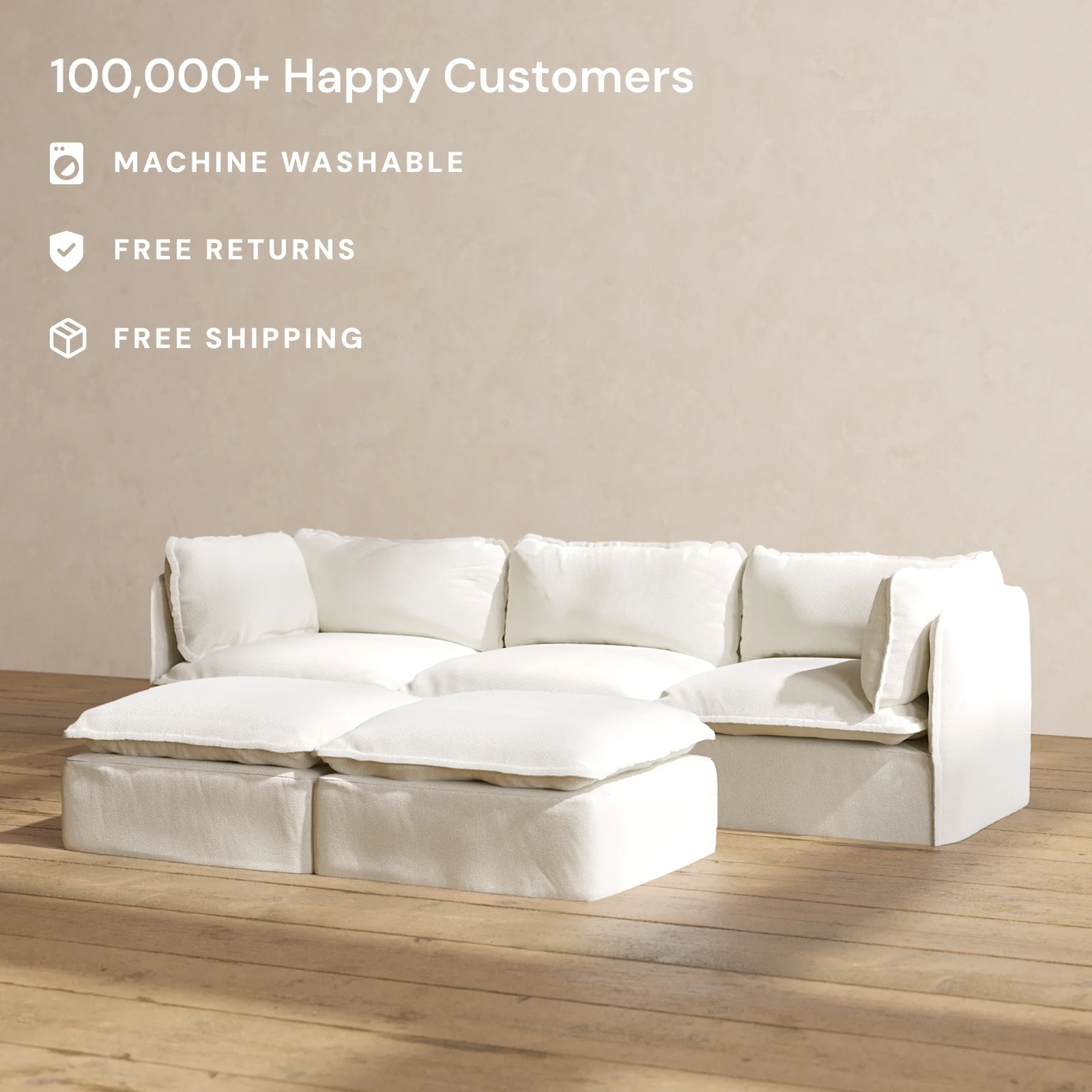 Slipcover Only - Modular Washable 3-Seater + Bench Ottoman in Eggshell - Image 2