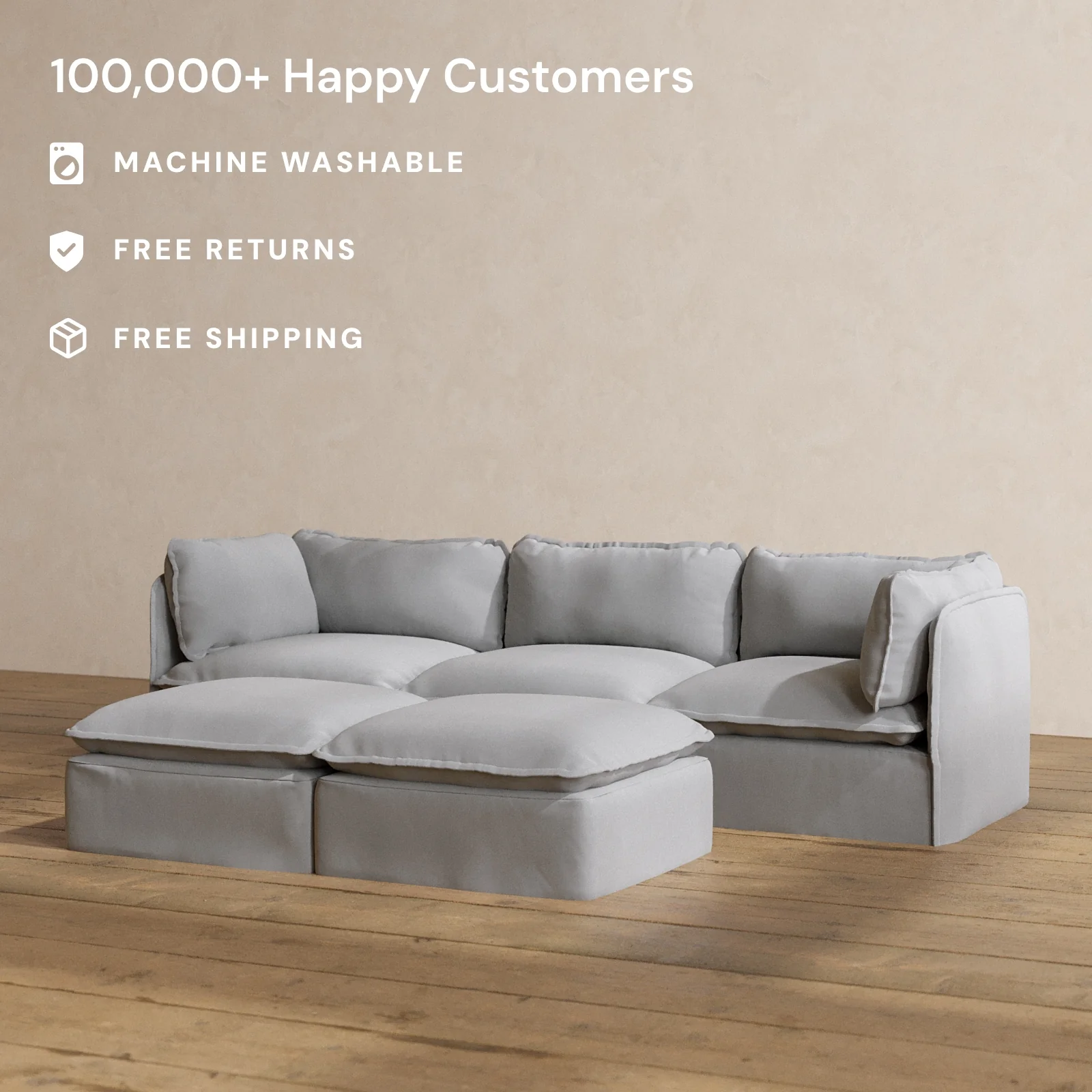 Slipcover Only - Modular Washable 3-Seater + Bench Ottoman in Pumice - Image 2