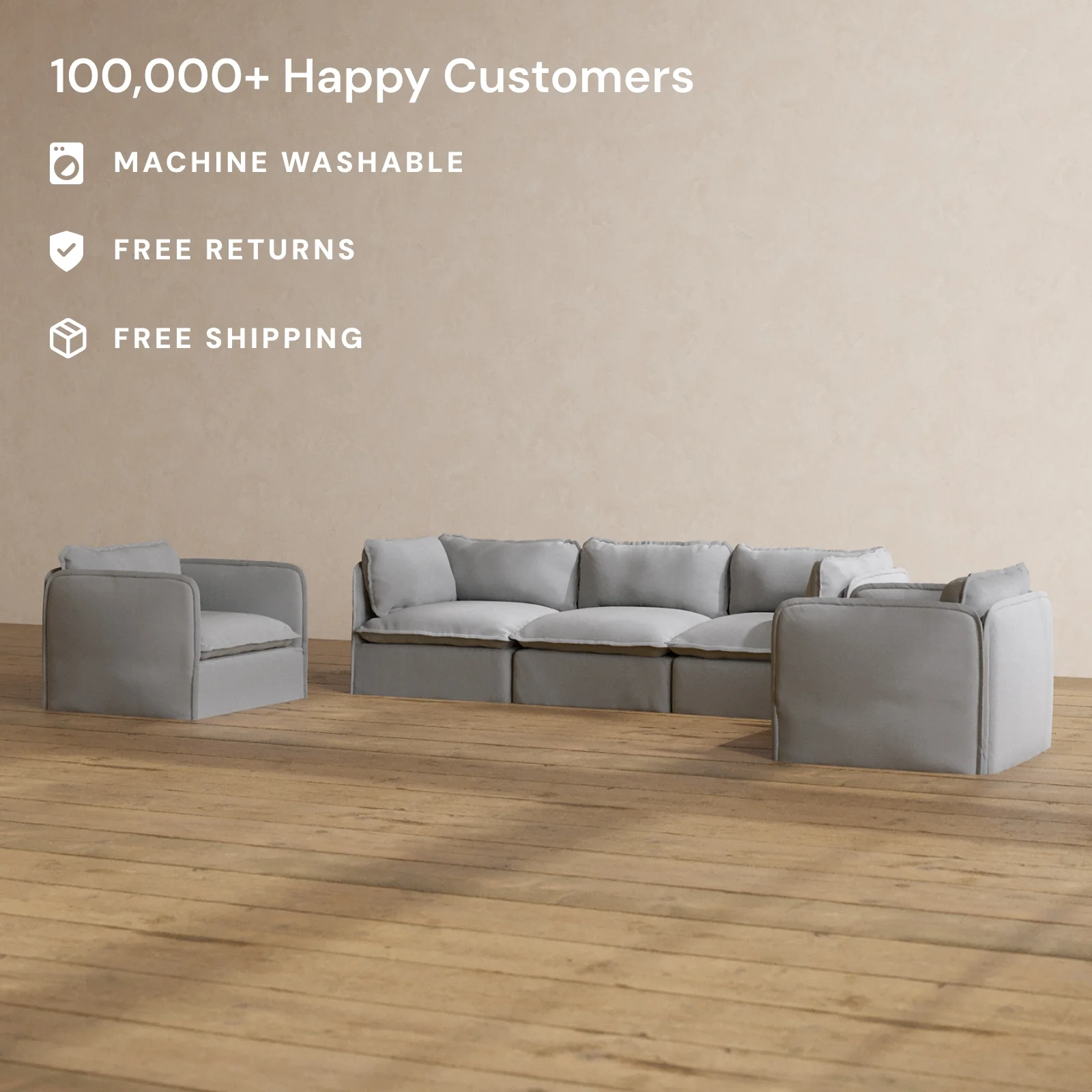 Slipcover Only - Modular Washable 3-Seater Sofa + Armchair Set in Pumice - Image 2