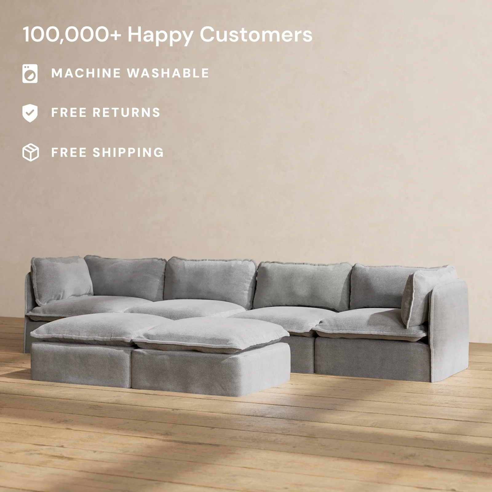 Slipcover Only - Modular Washable 4-Seater + Bench Ottoman in Ash - Image 2