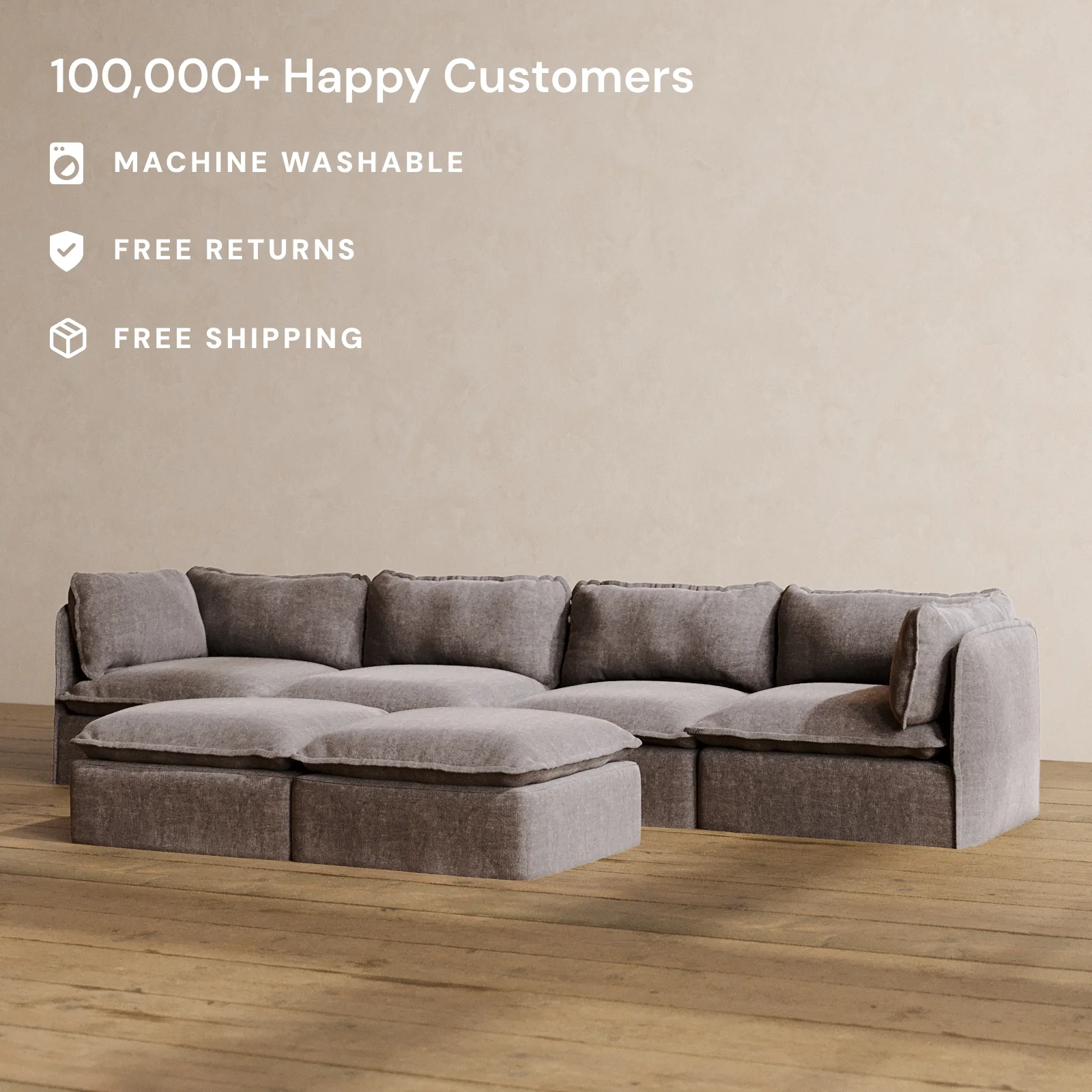 Slipcover Only - Modular Washable 4-Seater + Bench Ottoman in Caviar - Image 2