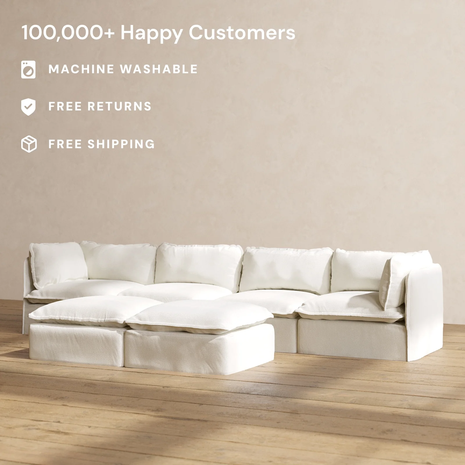 Slipcover Only - Modular Washable 4-Seater + Bench Ottoman in Eggshell - Image 2