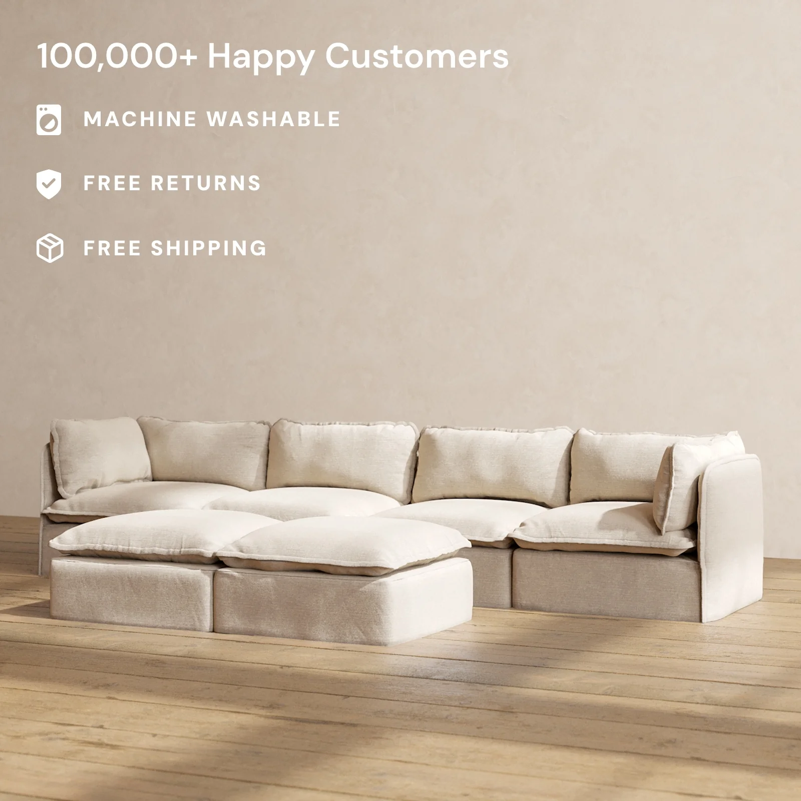 Slipcover Only - Modular Washable 4-Seater + Bench Ottoman in Oat - Image 2
