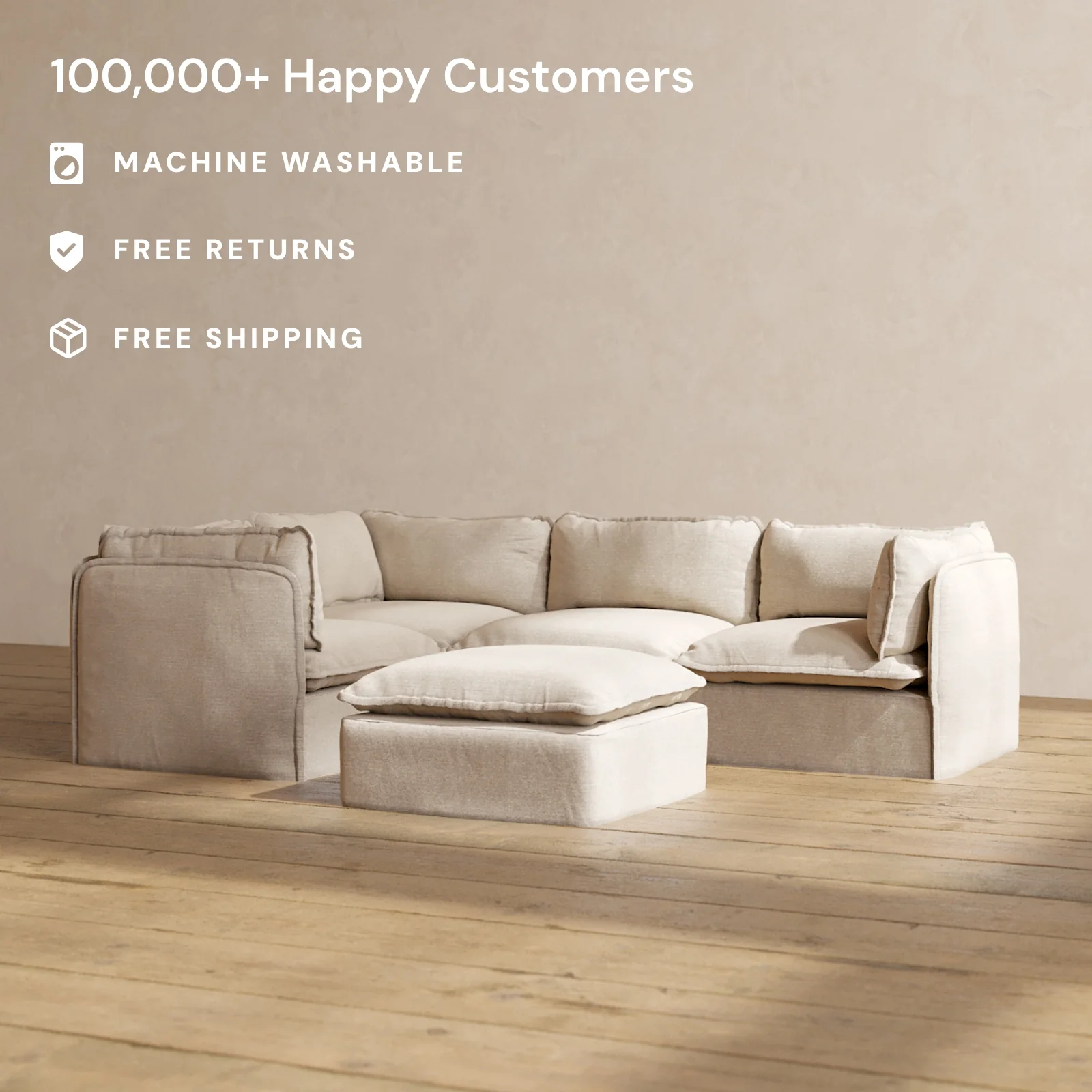 Slipcover Only - Modular Washable 4-Seater Corner Sectional + Ottoman in Oat - Image 2