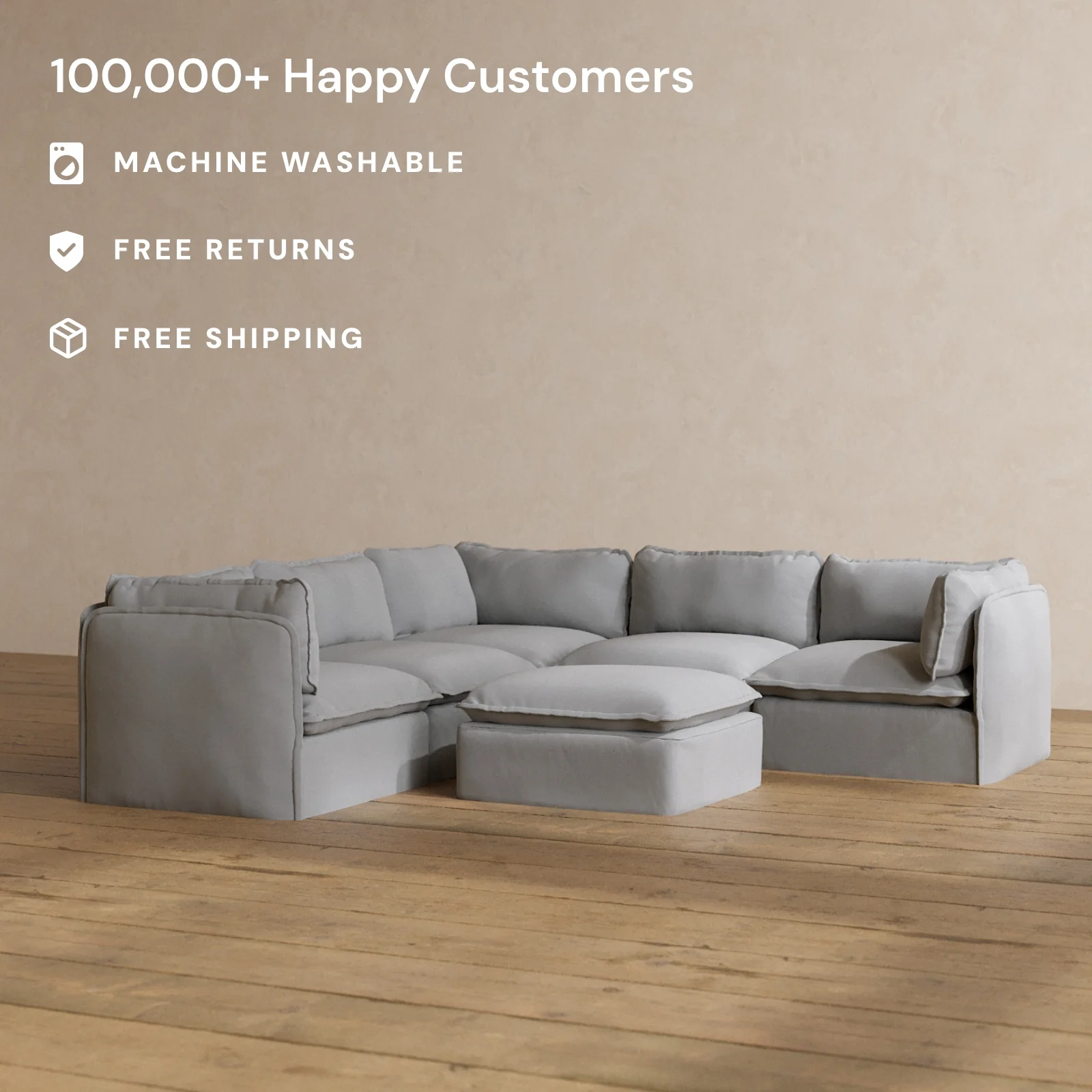 Slipcover Only - Modular Washable 4-Seater Corner Sectional + Ottoman in Pumice - Image 2