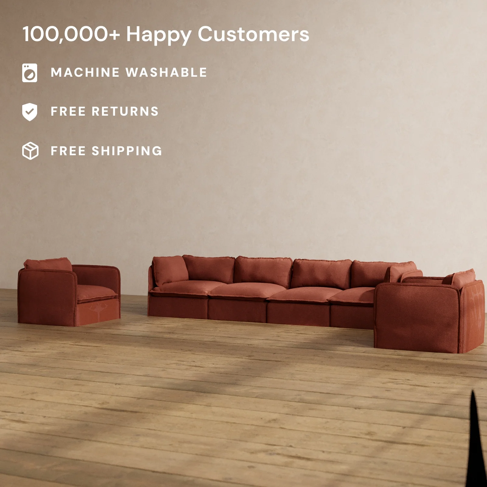 Slipcover Only - Modular Washable 4-Seater Sofa + Armchair Set in Rust - Image 2