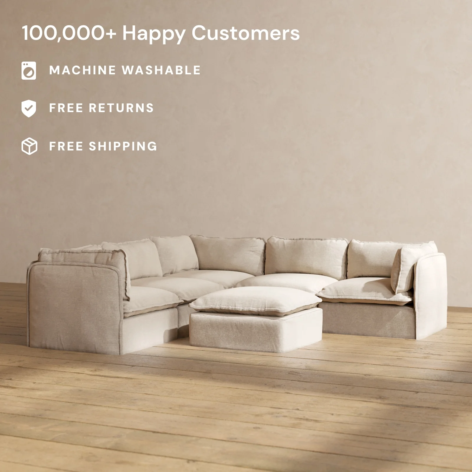 Slipcover Only - Modular Washable 5-Seater Corner Sectional + Ottoman in Oat - Image 2