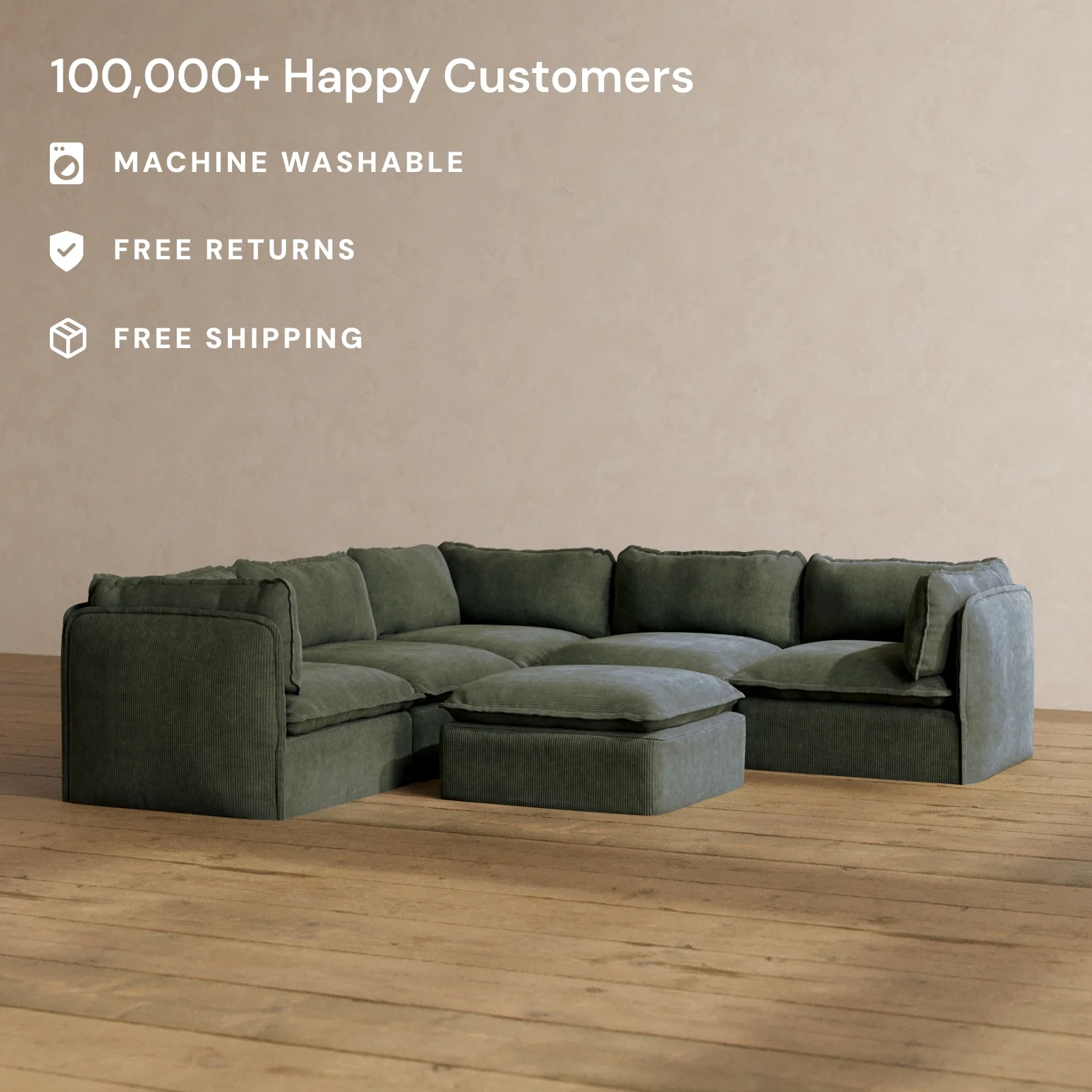 Slipcover Only - Modular Washable 5-Seater Corner Sectional + Ottoman in Olivine - Image 2
