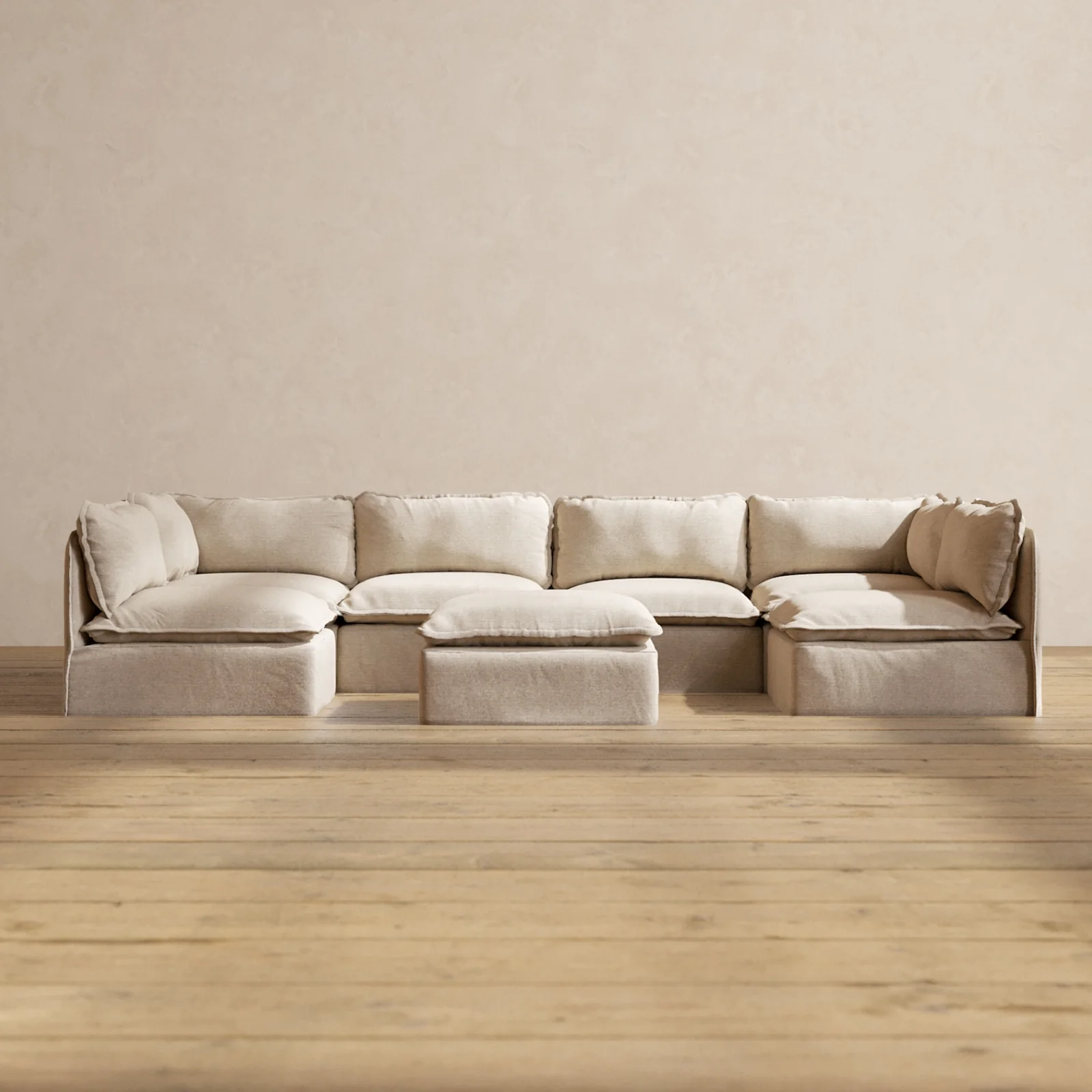 Slipcover Only - Modular Washable 6-Seater Open-Ends U-Sectional + Ottoman in Oat