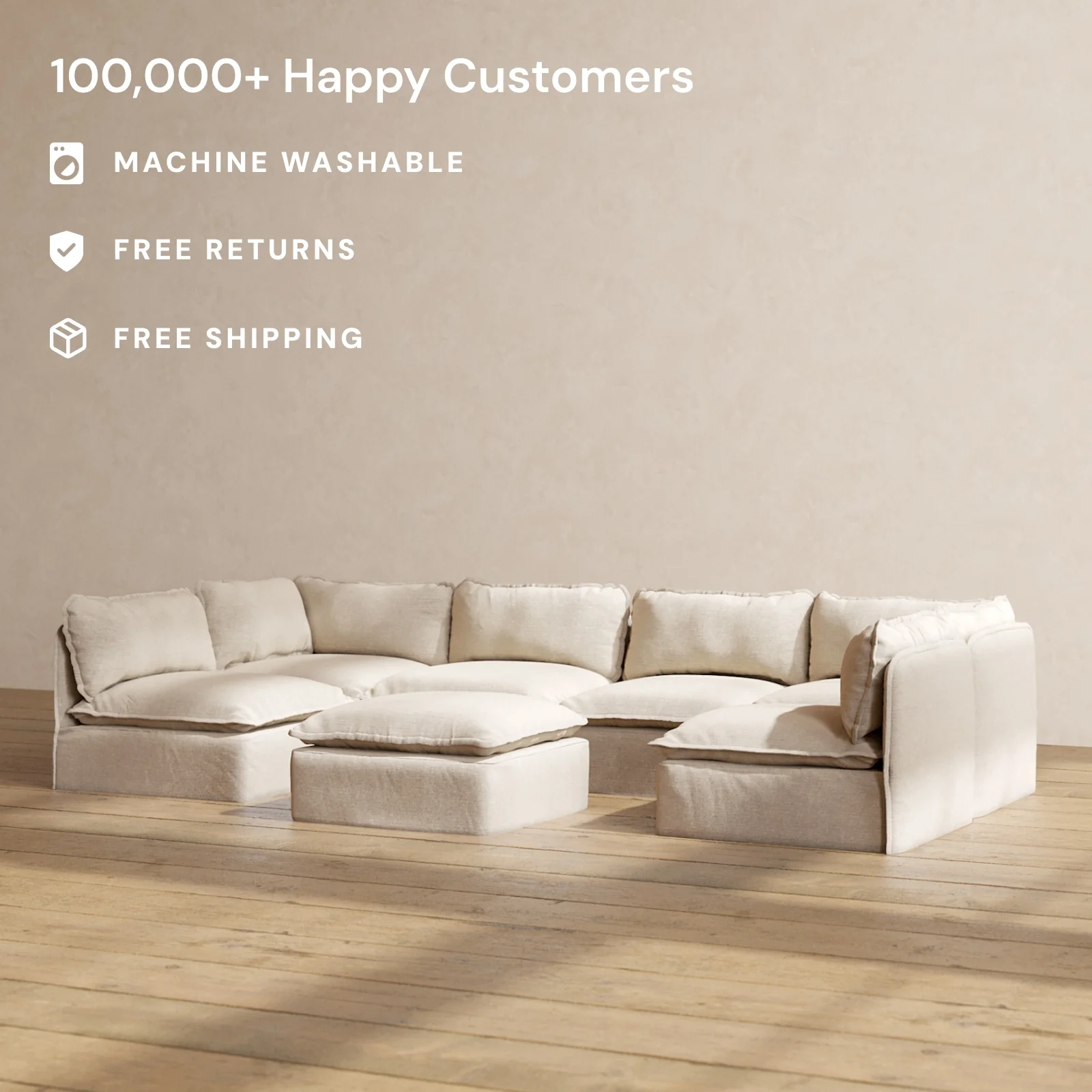 Slipcover Only - Modular Washable 6-Seater Open-Ends U-Sectional + Ottoman in Oat - Image 2
