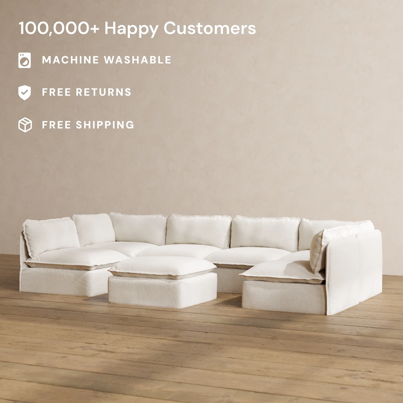 Slipcover Only - Modular Washable 6-Seater Open-Ends U-Sectional + Ottoman in Powder - Image 2
