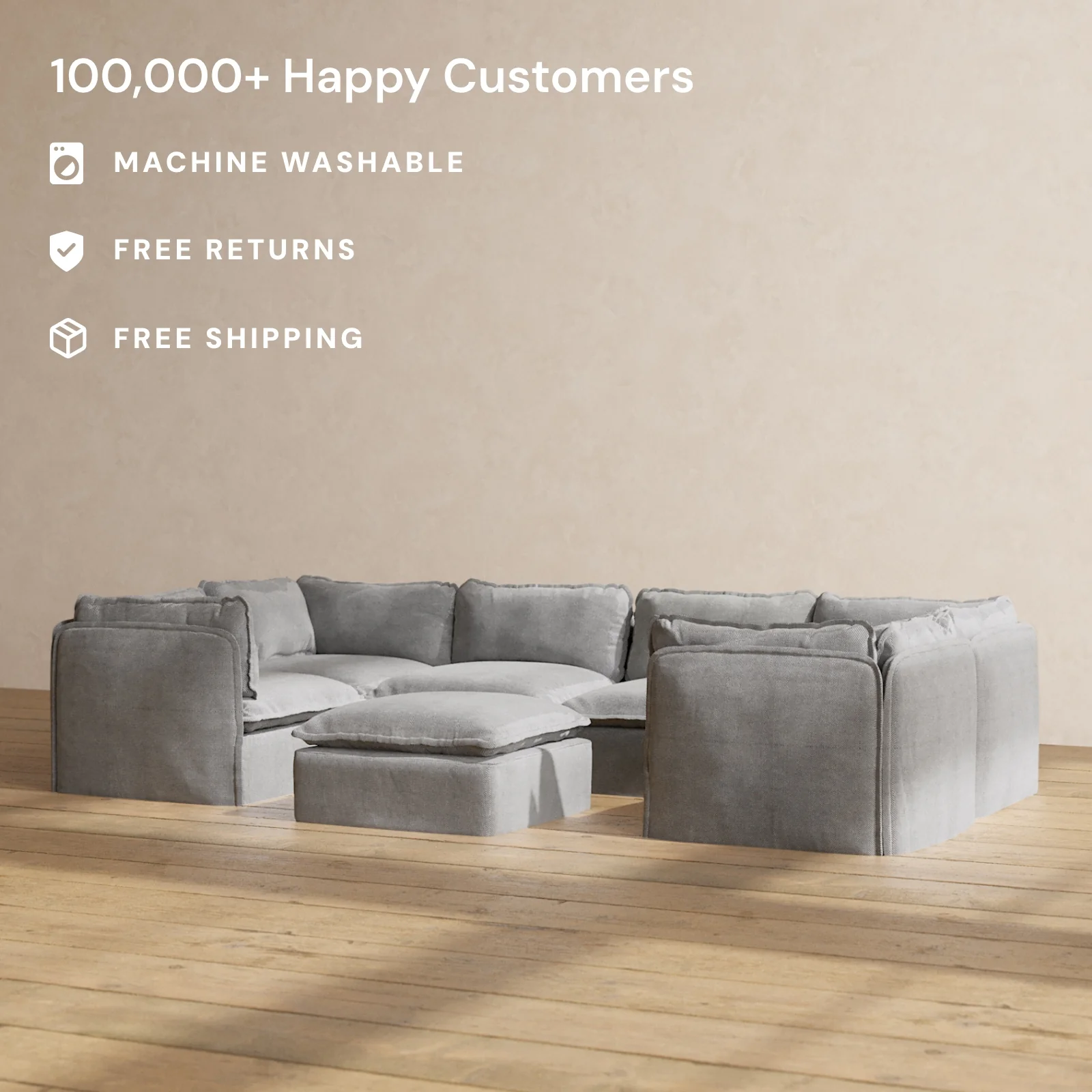 Slipcover Only - Modular Washable 6-Seater U-Sectional + Ottoman in Ash - Image 2