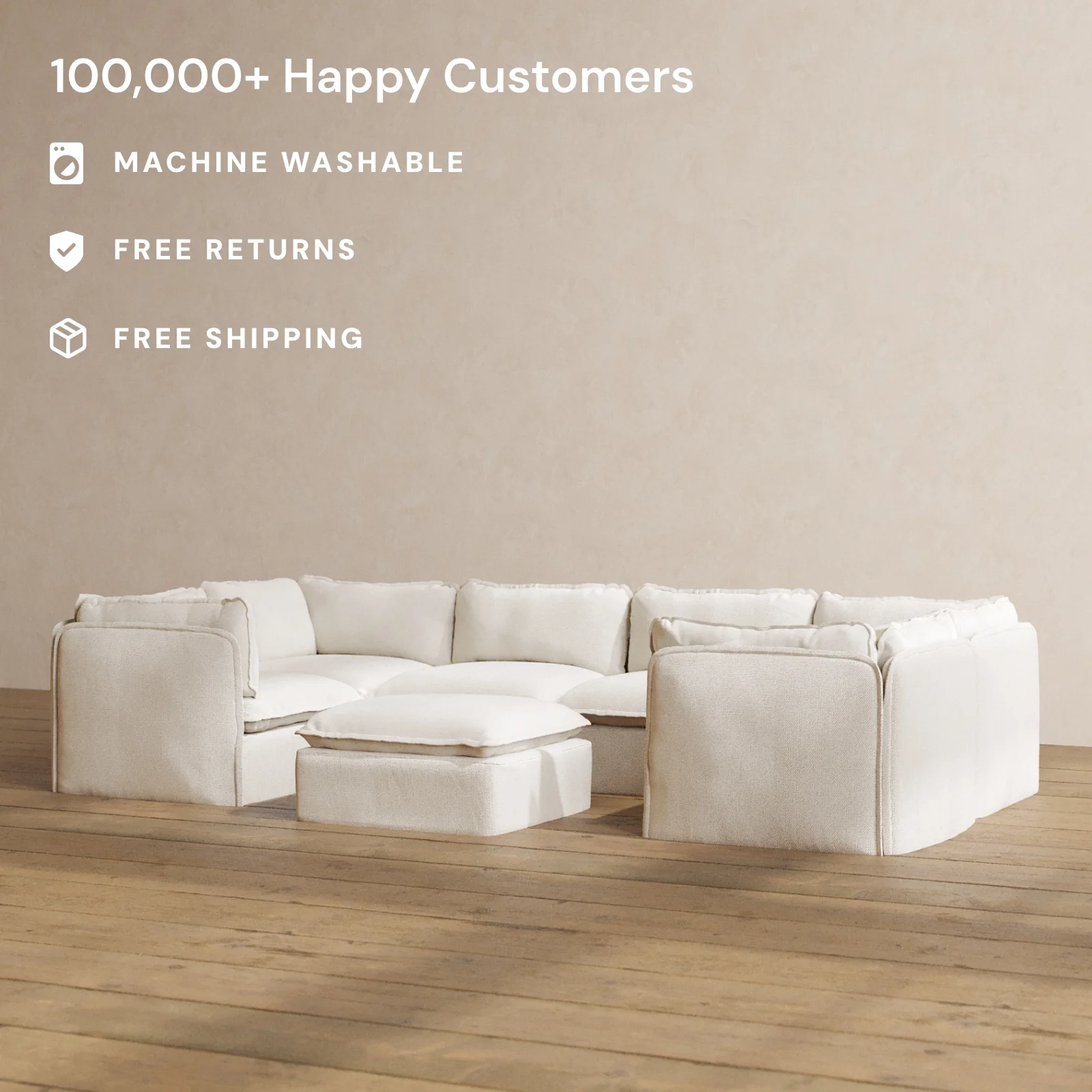 Slipcover Only - Modular Washable 6-Seater U-Sectional + Ottoman in Powder - Image 2