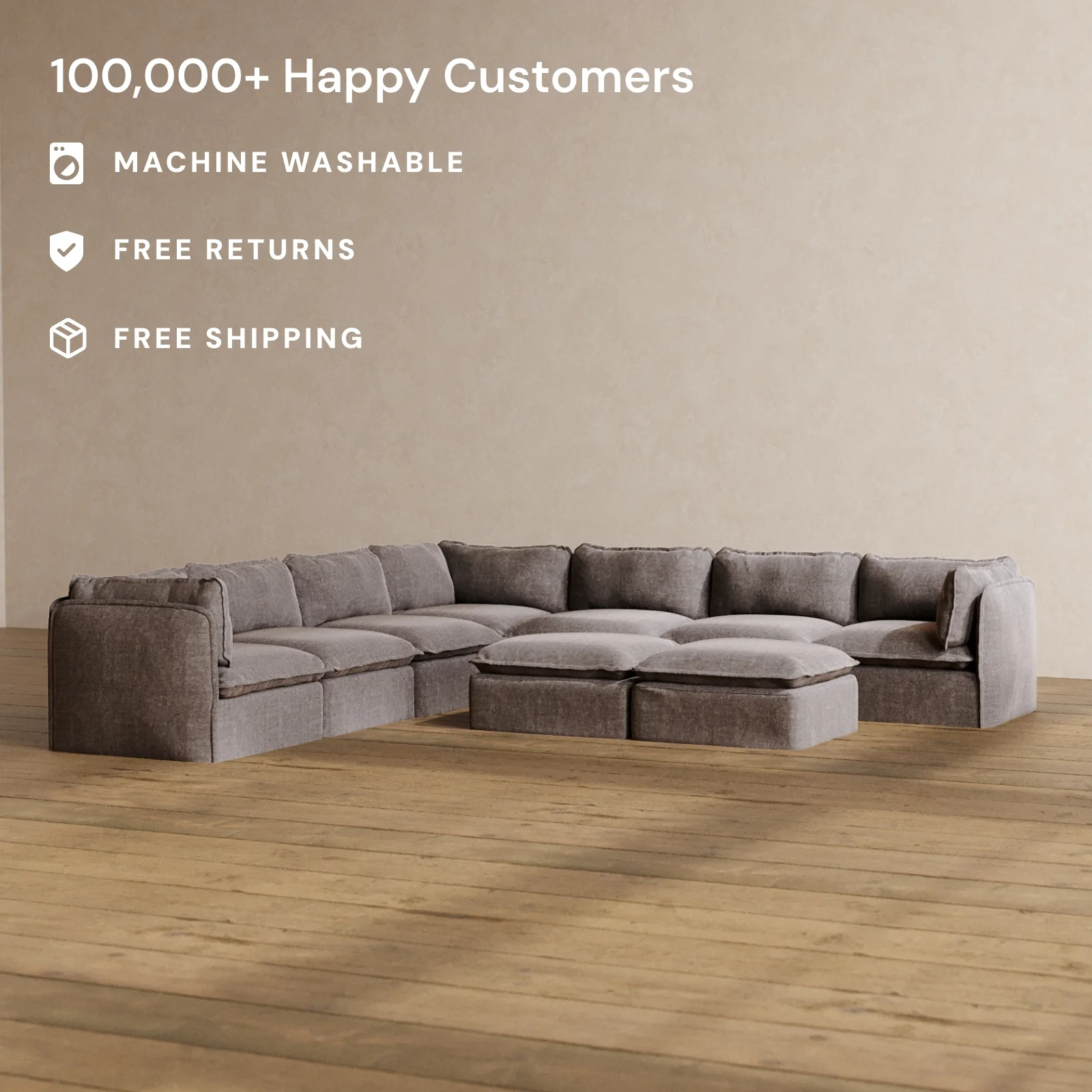 Slipcover Only - Modular Washable 7-Seater Corner Sectional + Bench Ottoman in Caviar - Image 2