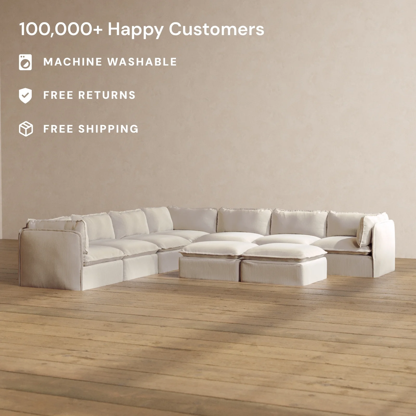 Slipcover Only - Modular Washable 7-Seater Corner Sectional + Bench Ottoman in Milk - Image 2