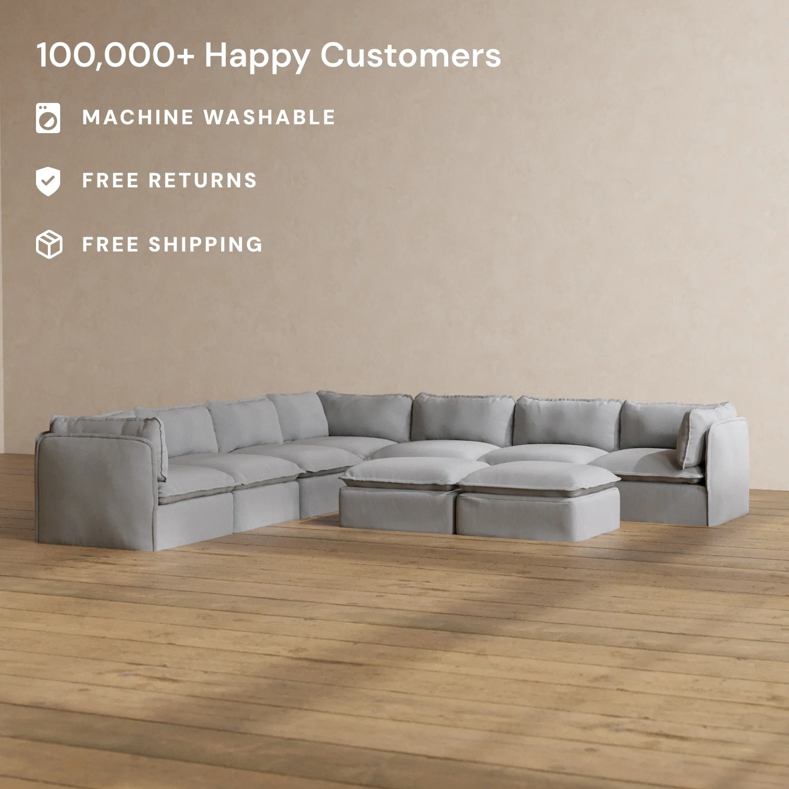 Slipcover Only - Modular Washable 7-Seater Corner Sectional + Bench Ottoman in Pumice - Image 2