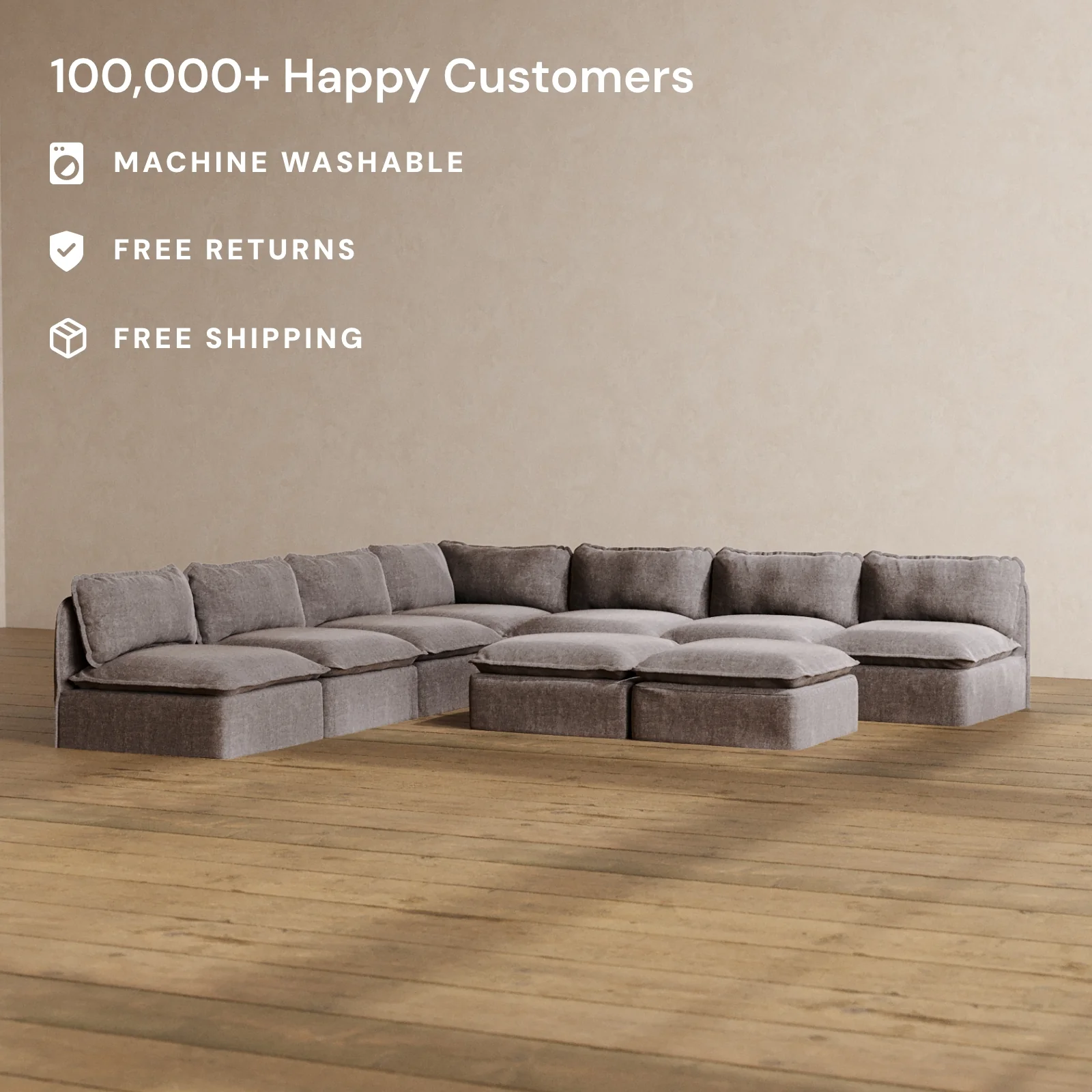 Slipcover Only - Modular Washable 7-Seater Open-Ends Corner Sectional + Bench Ottoman in Caviar - Image 2