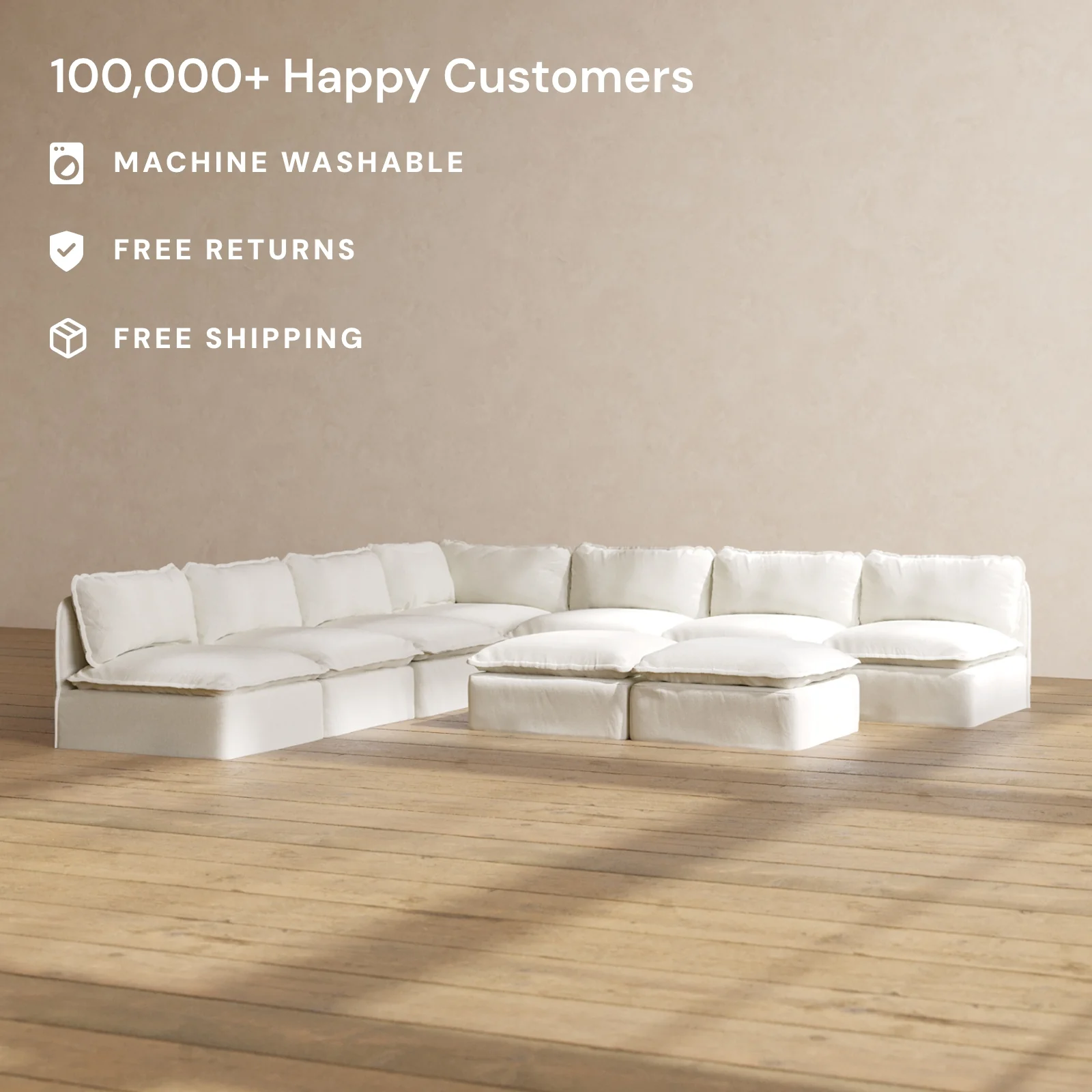 Slipcover Only - Modular Washable 7-Seater Open-Ends Corner Sectional + Bench Ottoman in Eggshell - Image 2