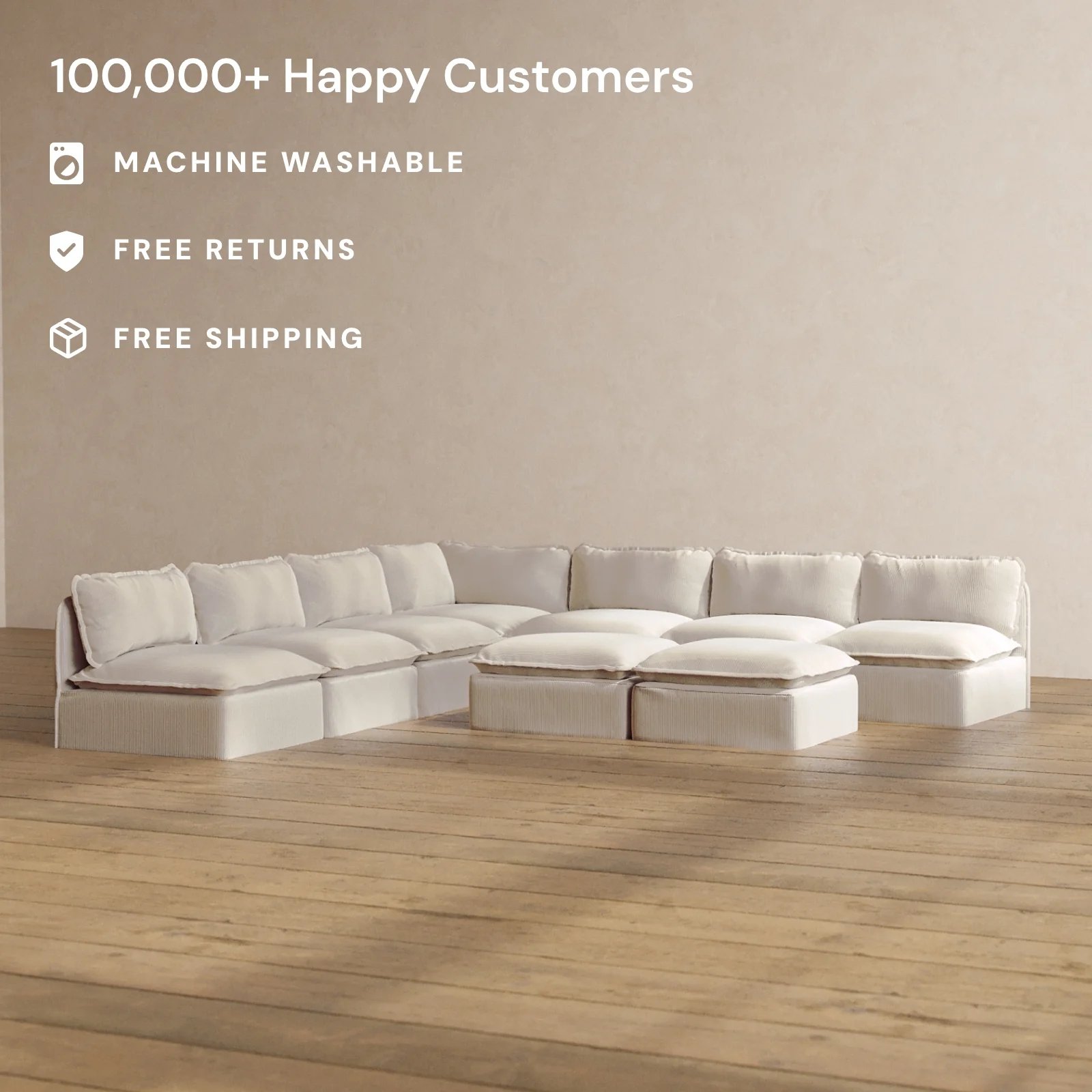 Slipcover Only - Modular Washable 7-Seater Open-Ends Corner Sectional + Bench Ottoman in Milk - Image 2